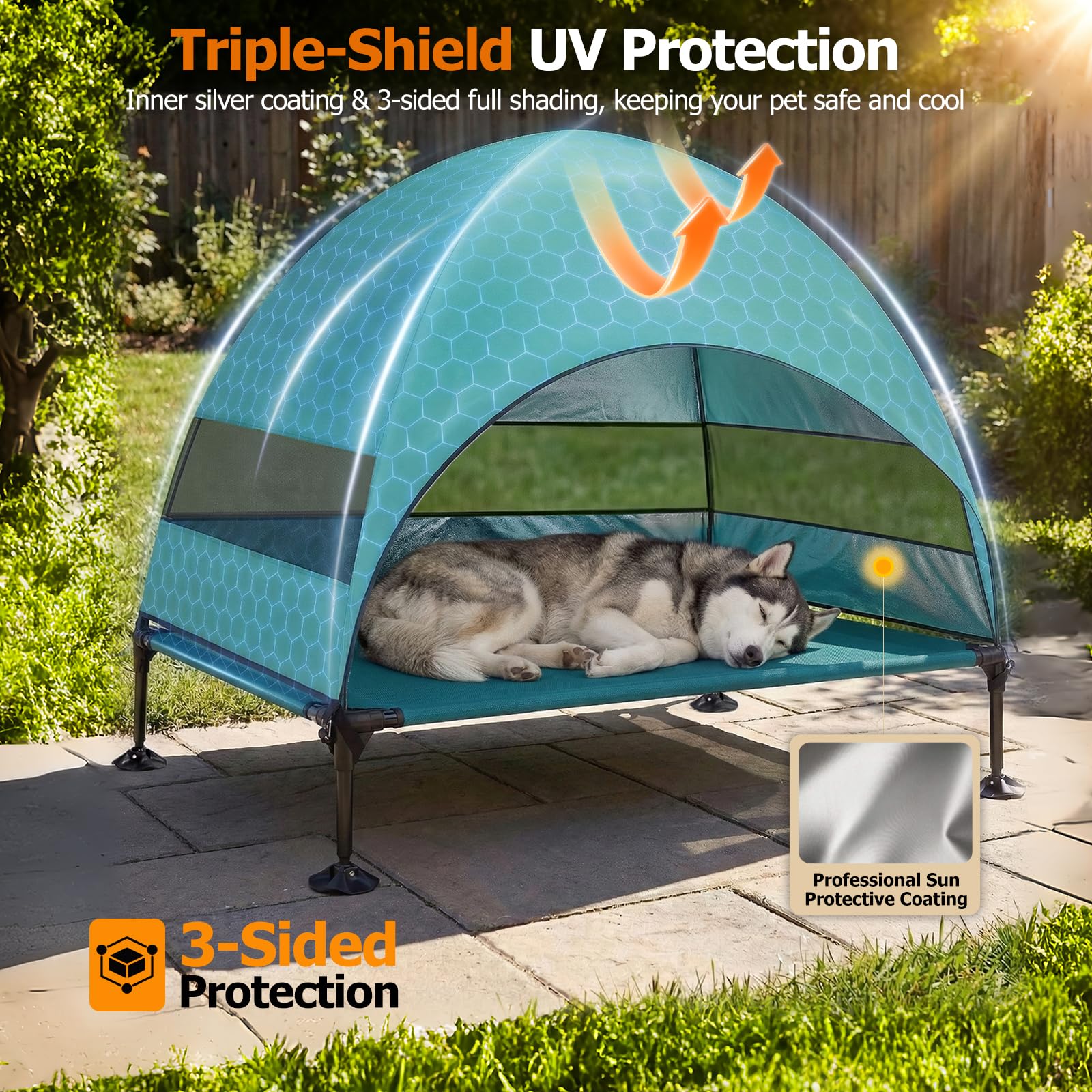 Erhöhtes Hundebett Outdoor mit UV-beständiges Dach,Hundeliege Klappbar mit Anti-Rutsch-Füßen, Hundezelt Outdoor mit Großem Schatten, Kühlendes ErhöHtes Hunde Bett für Camping, Garten & Pool (Grau, L)