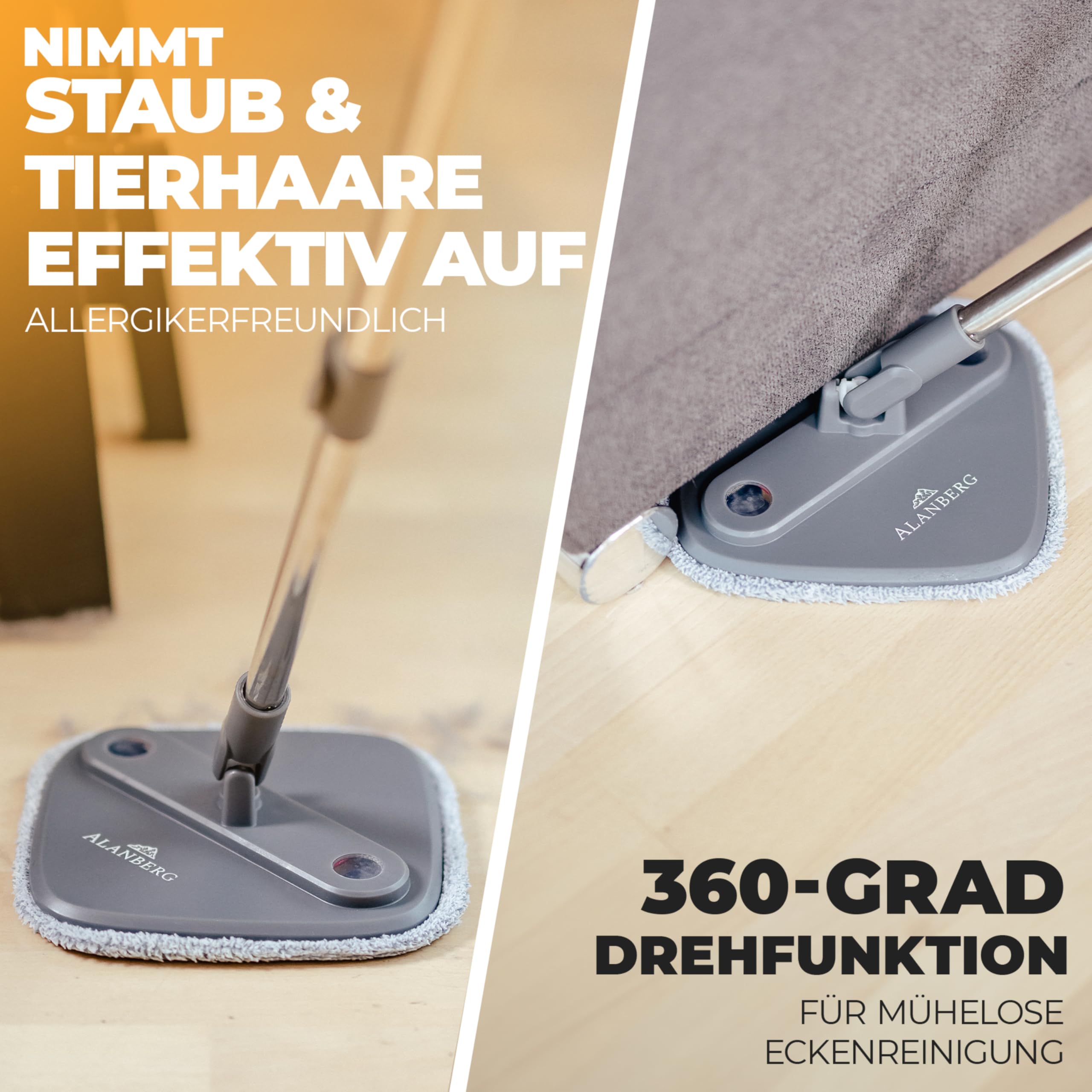 Wischmopp Set mit Eimer, 2-Kammer-System Frisch-/Schmutzwasser Trennung, selbst-auswringend, 160 cm Stiel & 2 Mikrofaser-Pads, für alle Böden, Grau