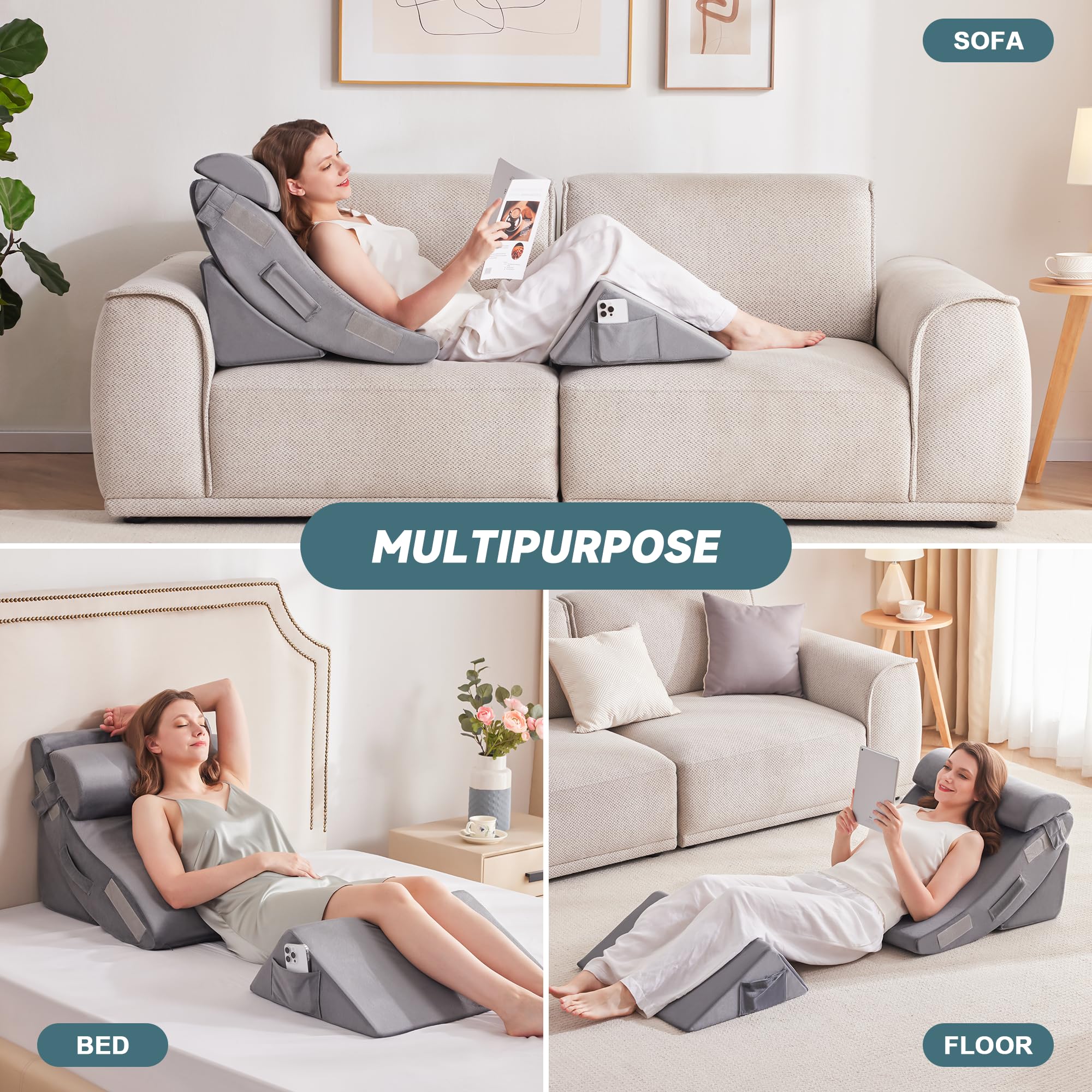 Orthopädische Bett Keil Kissen Set für das Schlafen, Post Chirurgie Schaum Kissen für Körper, Rücken und Beine Schmerzlinderung, Dreieck justierbare Stützkissen mit Säure Reflux Schlafkissen Weiß
