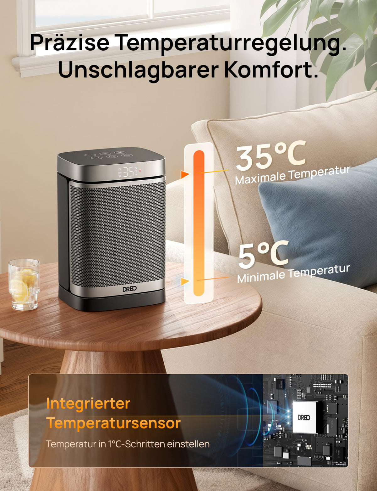 Heizlüfter Energiesparend Klein, 1500W Heizung Elektrisch mit Thermostat, 70° Oszillierend Elektroheizung, PTC Keramik Heizlüfter Leise, ECO-Modus, 12-Std-Timer, Überhitzungs- & Kippschutz
