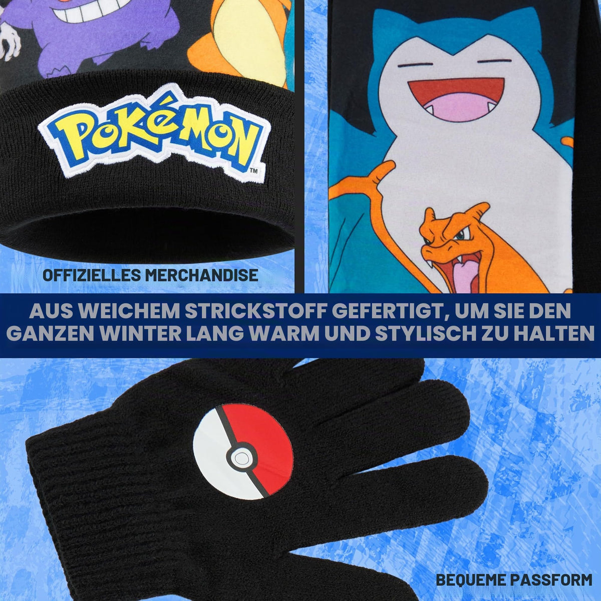 Pokemon Mütze, Schal & Handschuhe Jungen 4-12 Jahre, 3 Stück Warme Kinder Winter Set für kalte Tage, Anime Geschenke für Jungen