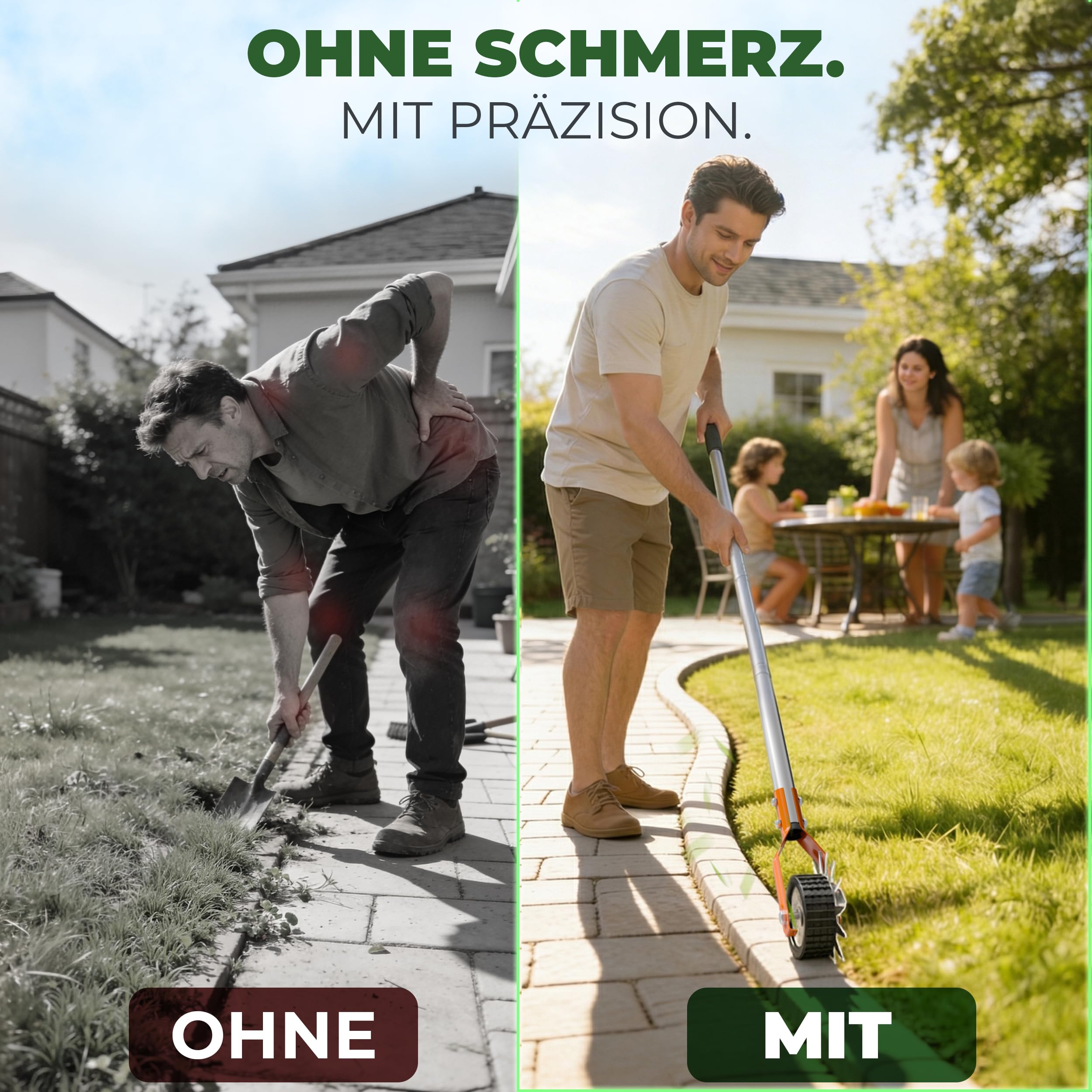 Rasenkantenschneider – 4-teilig Verstellbarer Edelstahlgriff, ideal für Jede Körpergröße, verbesserter gepolsterter Griff, gut ausbalancierte Rollen, inkl. Schleifmesser