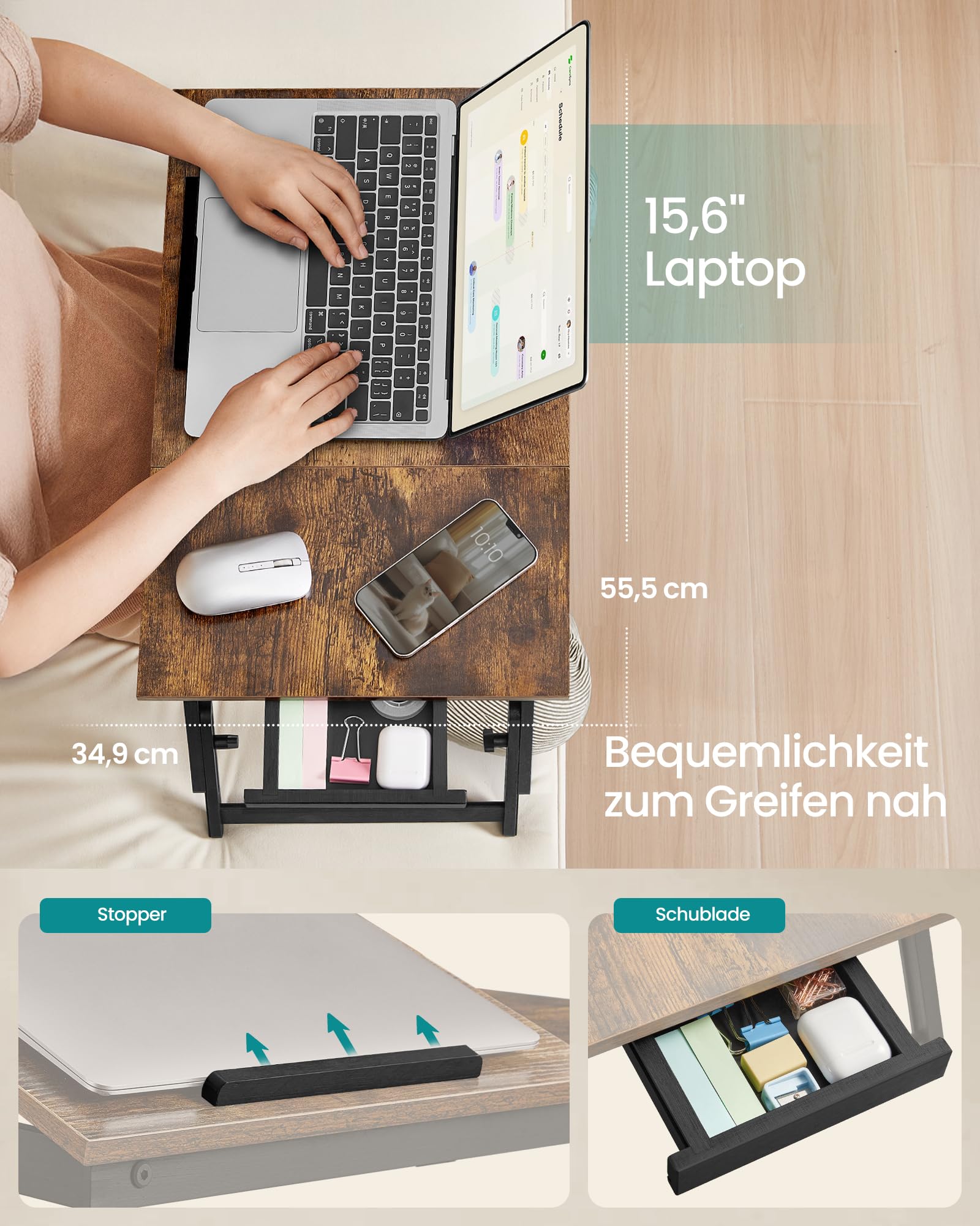 Laptoptisch für Bett, Laptopständer, Winkel- und höhenverstellbar, klappbare Beine, für Laptops bis 15,6 Zoll, Arbeiten, Lesen, Bambusbeine, Schublade, 55,5 x 34,9 cm, vintagebraun LLD105B01