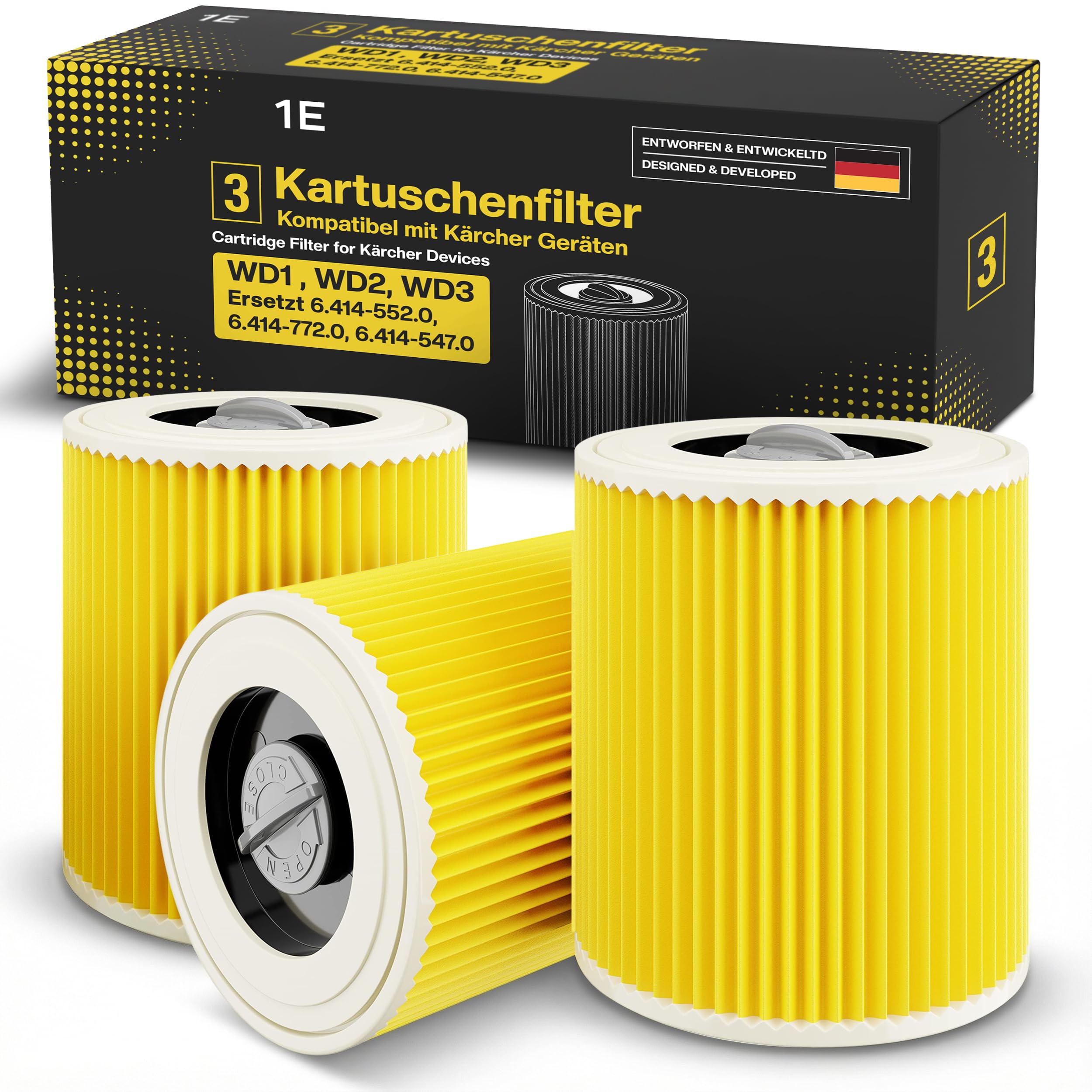 3 x Flachfalten-Filter für Kärcher Staubsauger WD4, WD5, WD6 / MV4, MV5, MV6 – 3 x Flachfalten-Filter gegen Feinstaub & Gerüche