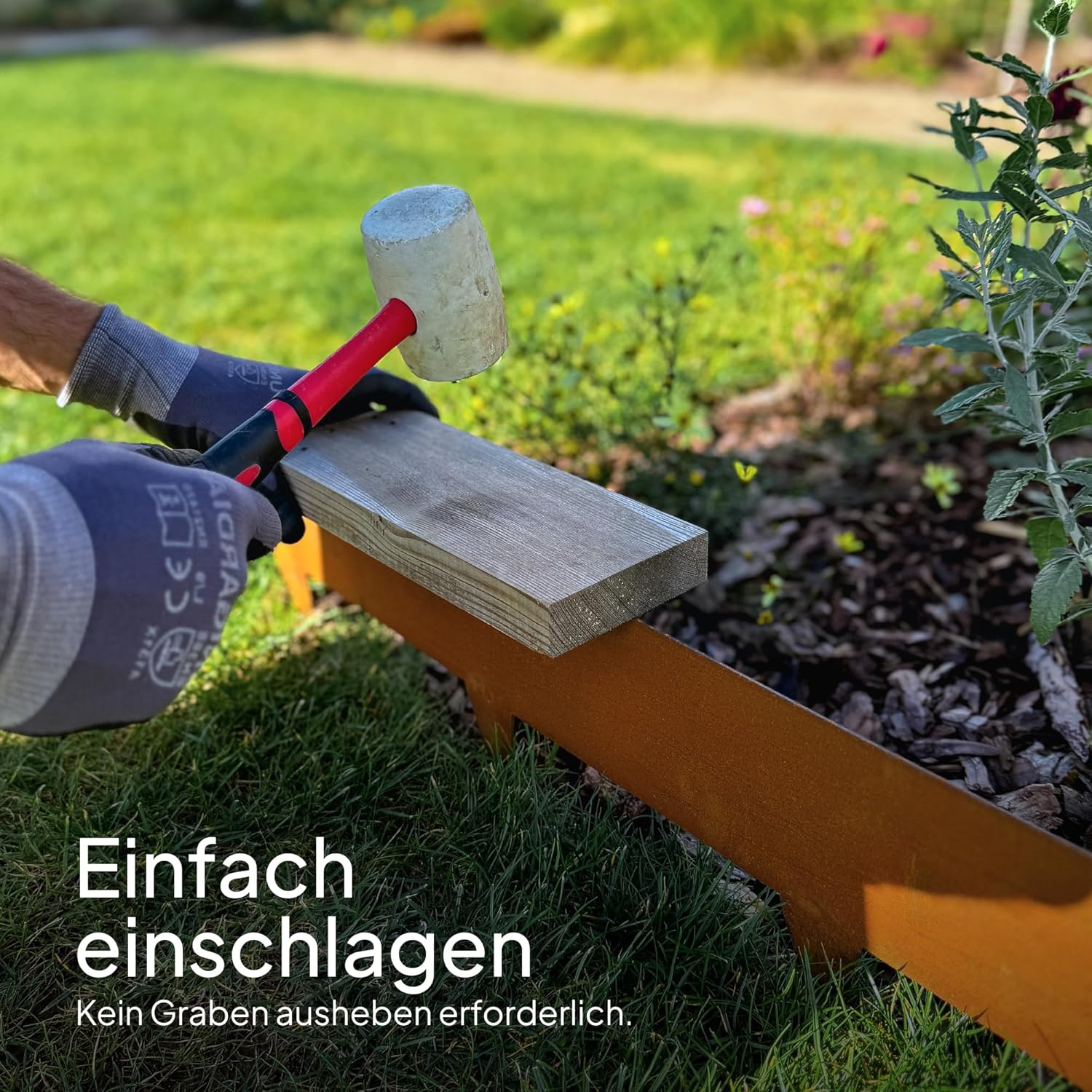 Flexible Rasenkante aus Metall - Garten Metall Beeteinfassung - Beetbegrenzung Einfach einschlagen, 1 Paar Montagehandschuhe inklusive