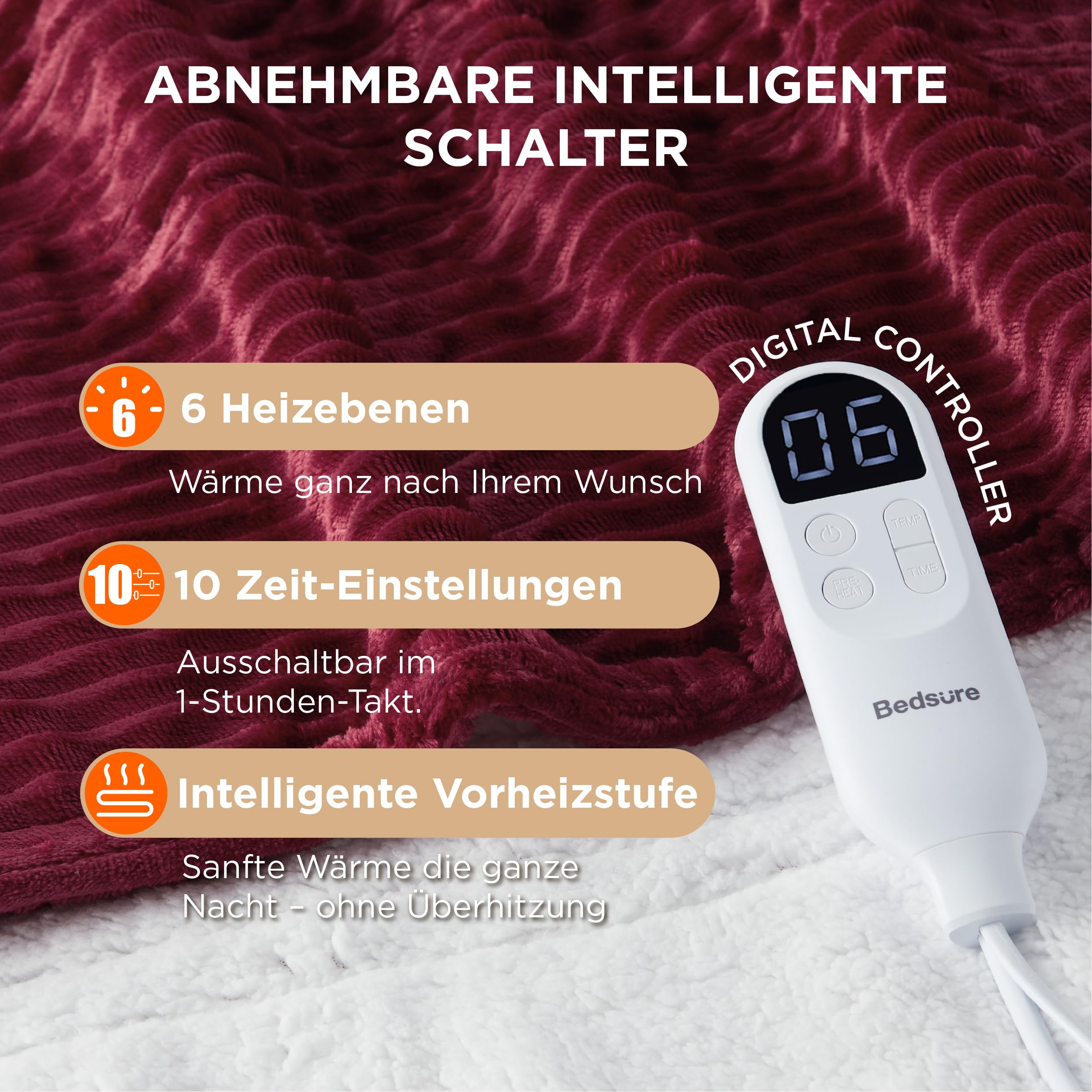 Elektrische Decke mit automatischem Abschalten - Wärmedecke mit 6 Wärmeeinstellungen und 10-Stunden-Timer, bis zu 8 Stunden Überhitzungsschutz, elektrische Kuscheldecke für Zuhause und Büro, 130 x 180 cm