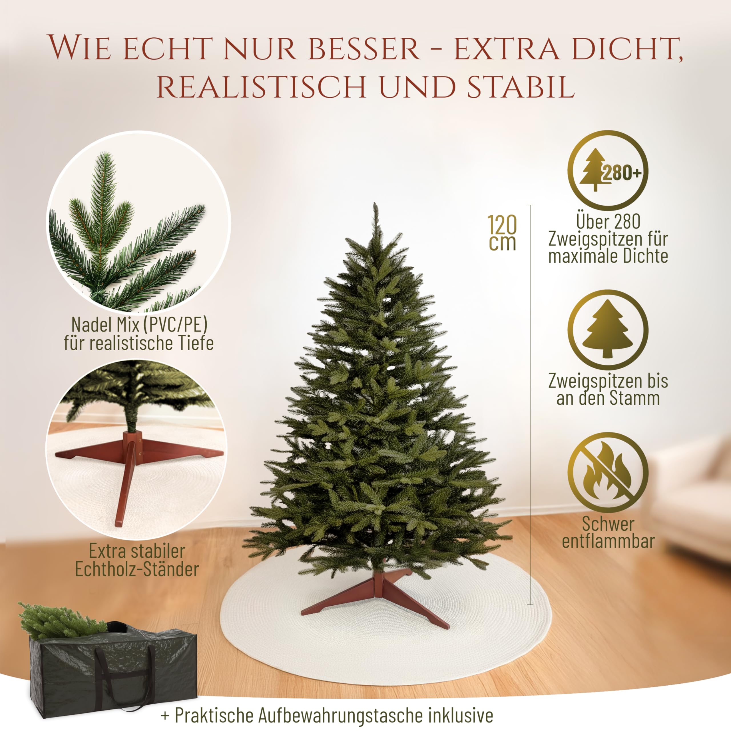 Künstlicher Weihnachtsbaum - Lebensähnlich, besonders dichte Äste, einfache Montage, Made in EU - Premium-Weihnachtsbaum mit Holzständer, Aufbewahrungstasche - Eleganter Nordmann Tannenbaum / Varianten Auswahl - Restposten Neu & OVP!