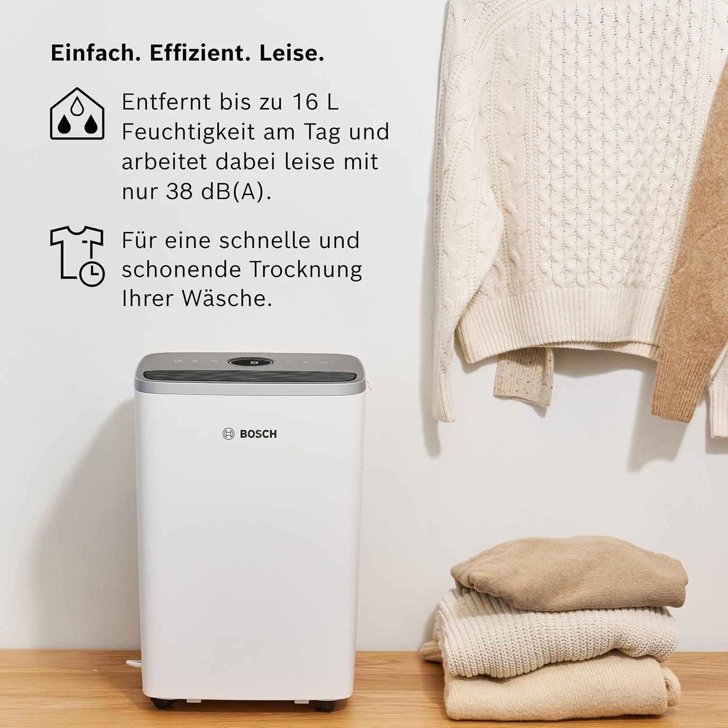 Bosch Dry, Luftentfeuchter, Für Räume bis zu 33 m² | Einfach, Effizient, Leise, Ideal für Deine Wohnung & die schnelle Trocknung Deiner Wäsche
