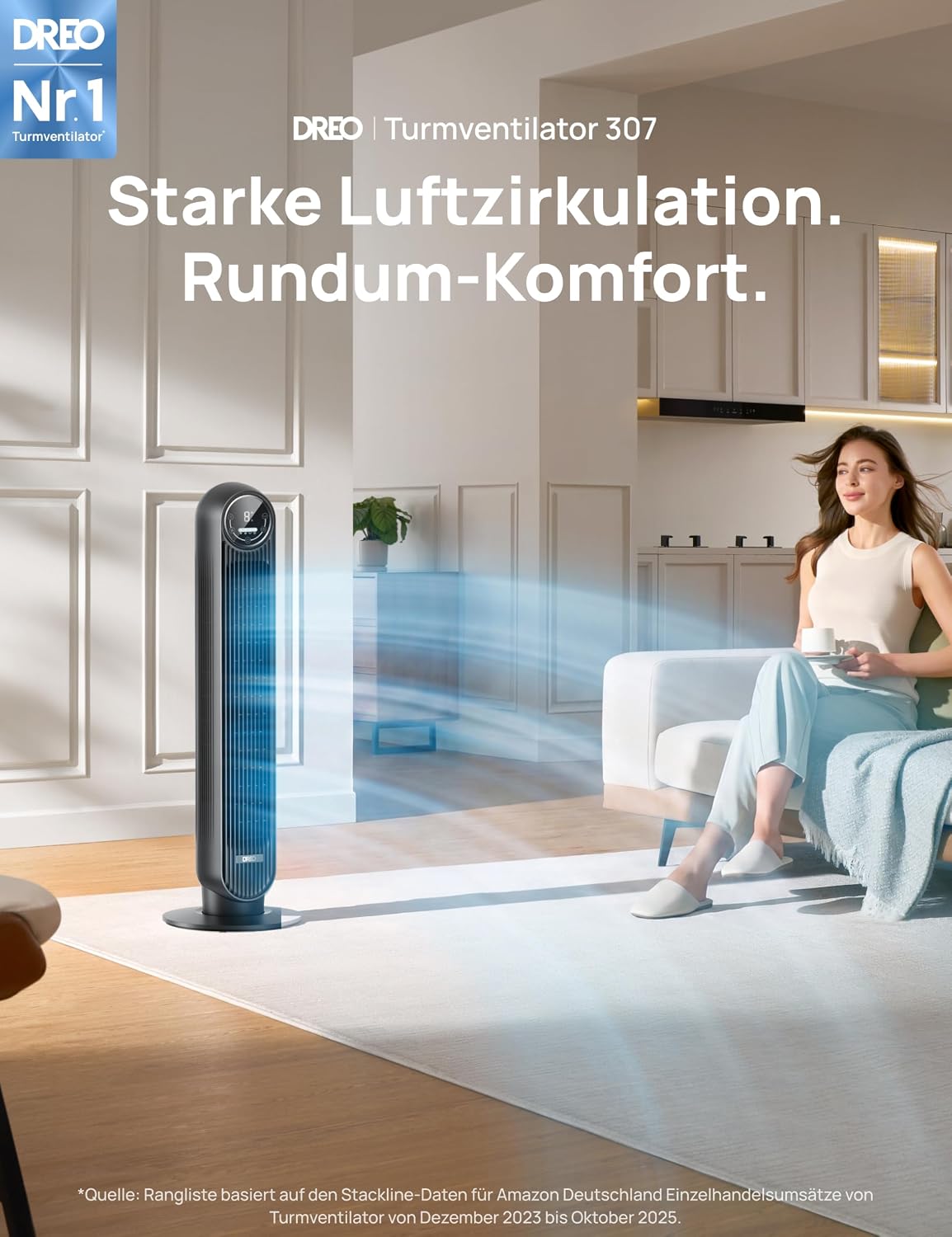 Leiser Turmventilator, 10 m Wurfweite 8 Geschwindigstufen 4 Modi 8 Std. Timer 90° oszillierende Ventilator mit Kühlung Fernbedienung für Schlafzimmer,Turmventilator 307, Schwarz
