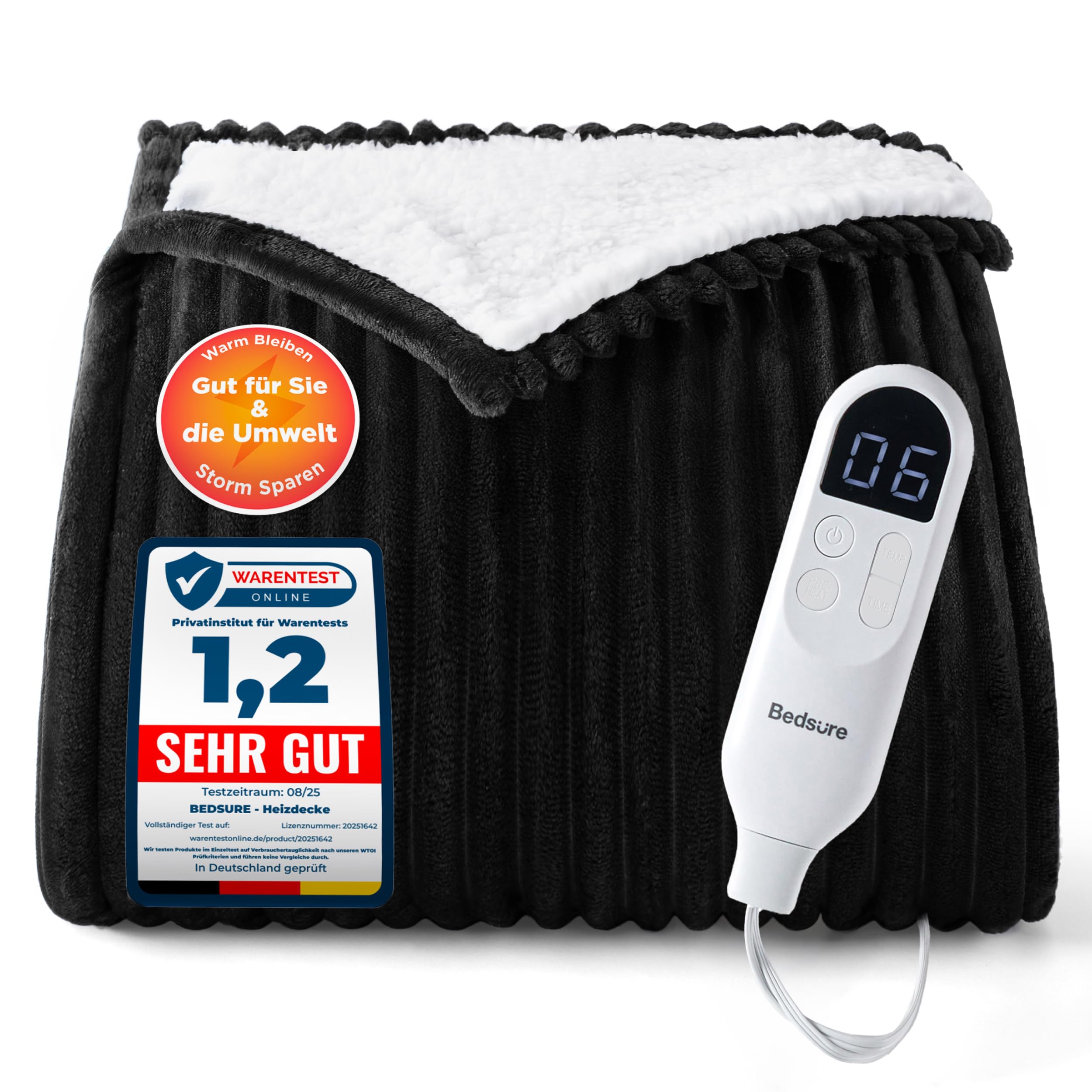 Elektrische Decke mit automatischem Abschalten - Wärmedecke mit 6 Wärmeeinstellungen und 10-Stunden-Timer, bis zu 8 Stunden Überhitzungsschutz, elektrische Kuscheldecke für Zuhause und Büro, 130 x 180 cm