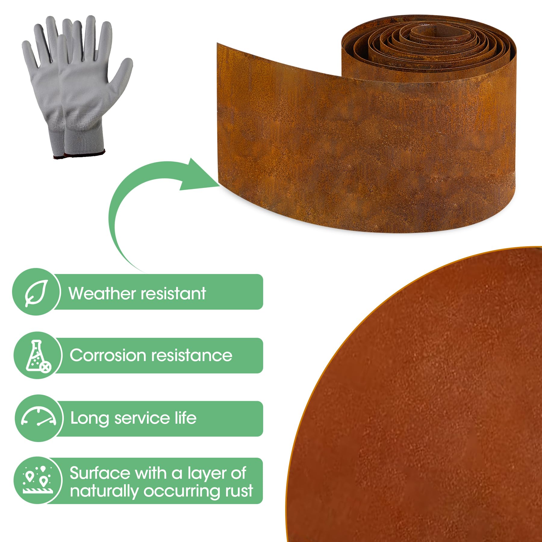 Garten Rasenkante aus Cortenstahl, Cortenstahl Rasenkante Corten-Stahl Beeteinfassung für DIY-Rasen, Rasenkantenband mit Rost inklusive 1 Paar Handschuhe