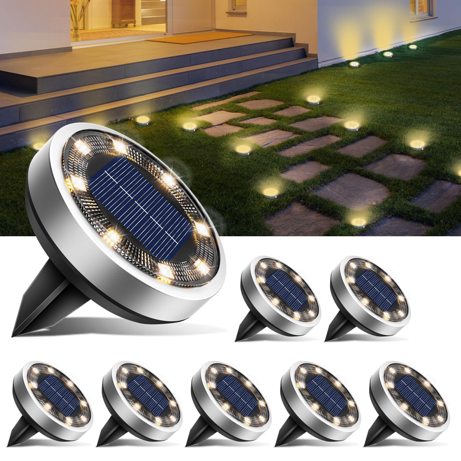 Solar Bodenleuchten Aussen, 8 LED Gartenbeleuchtung Solar Wasserdicht Boden Solarleuchten, Solarlampen für Außen Garten Rasen Auffahrt Gehweg