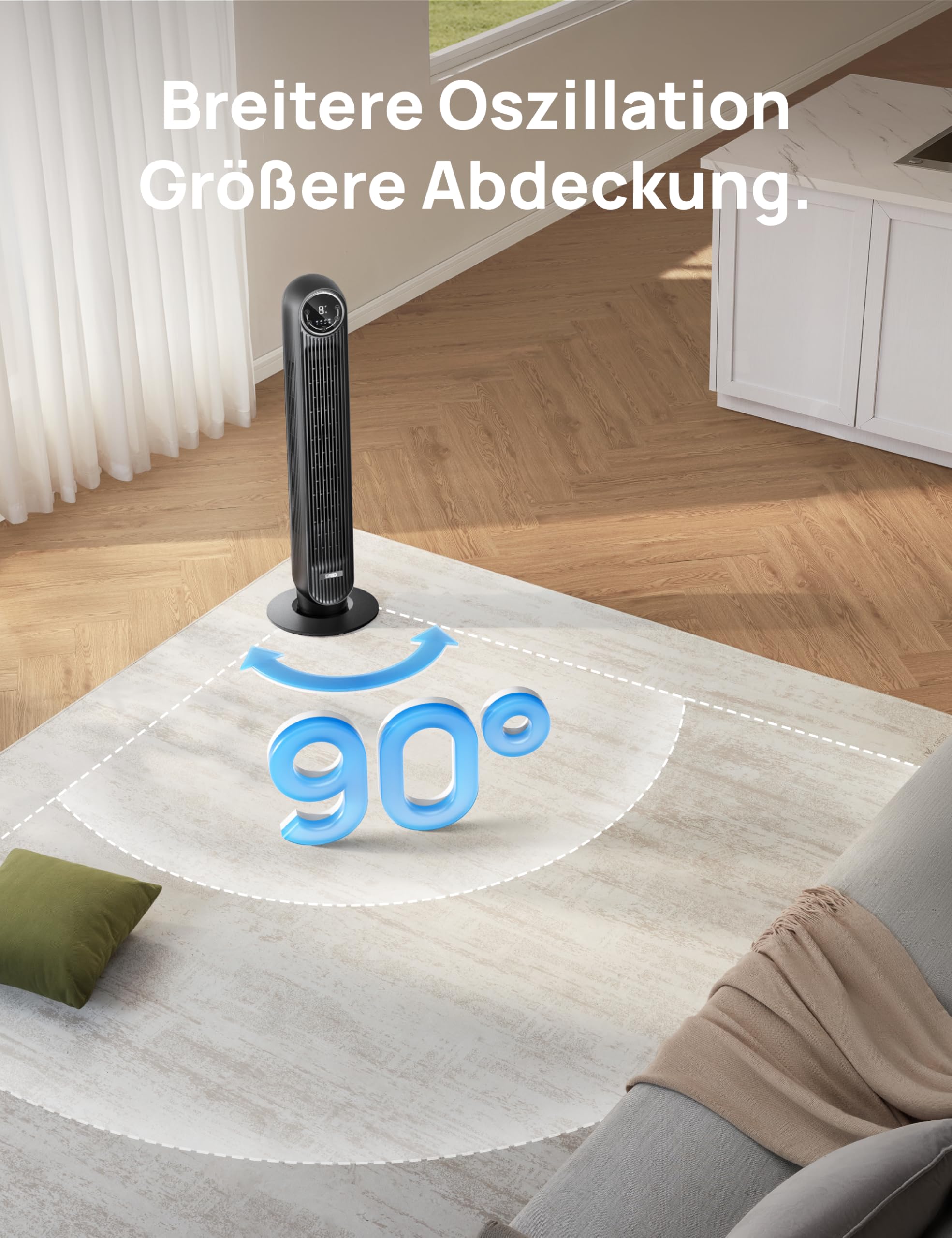 Leiser Turmventilator, 10 m Wurfweite 8 Geschwindigstufen 4 Modi 8 Std. Timer 90° oszillierende Ventilator mit Kühlung Fernbedienung für Schlafzimmer,Turmventilator 307, Schwarz