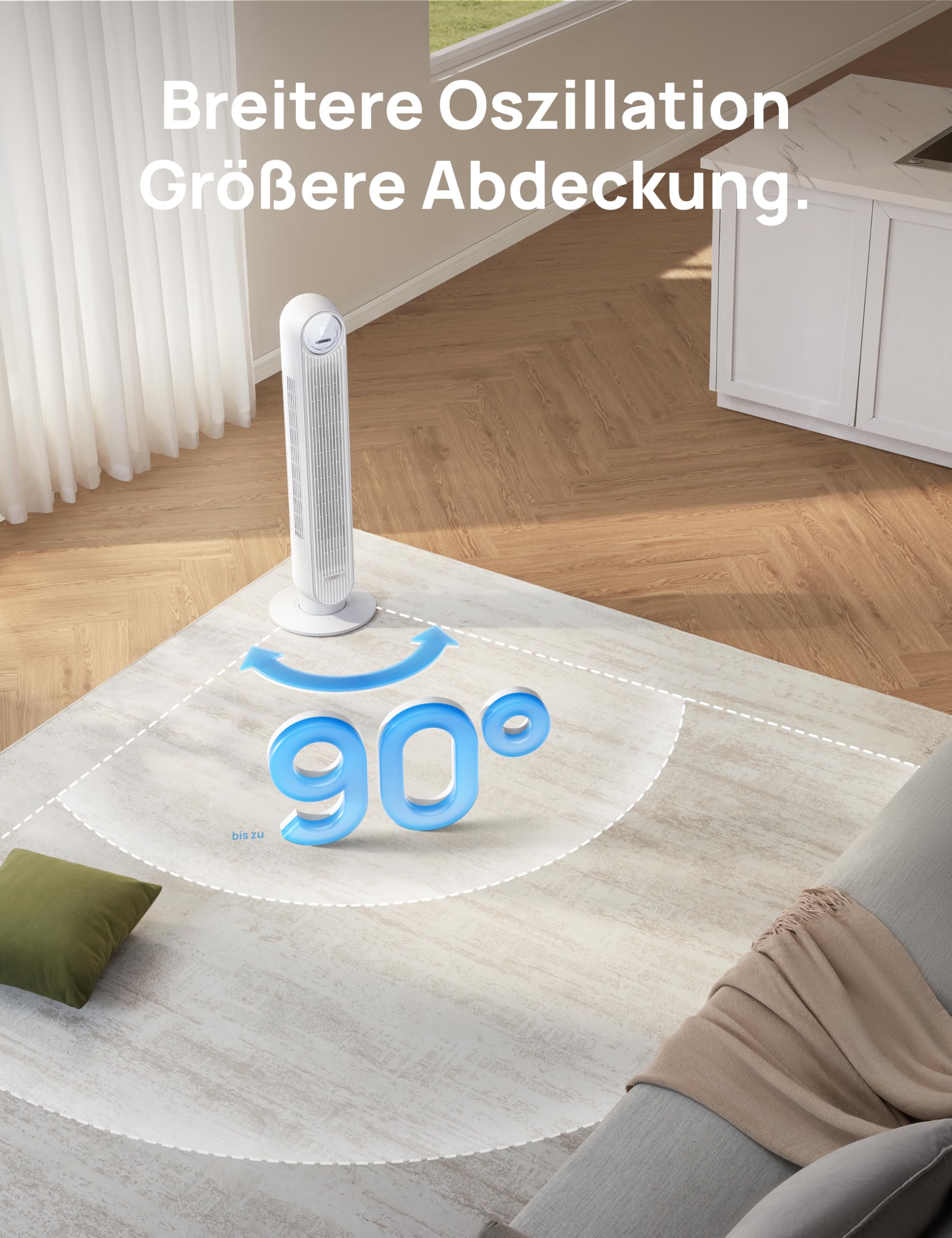 Leiser Turmventilator, 10 m Wurfweite 8 Geschwindigstufen 4 Modi 8 Std. Timer 90° oszillierende Ventilator mit Kühlung Fernbedienung für Schlafzimmer,Turmventilator 307, Schwarz