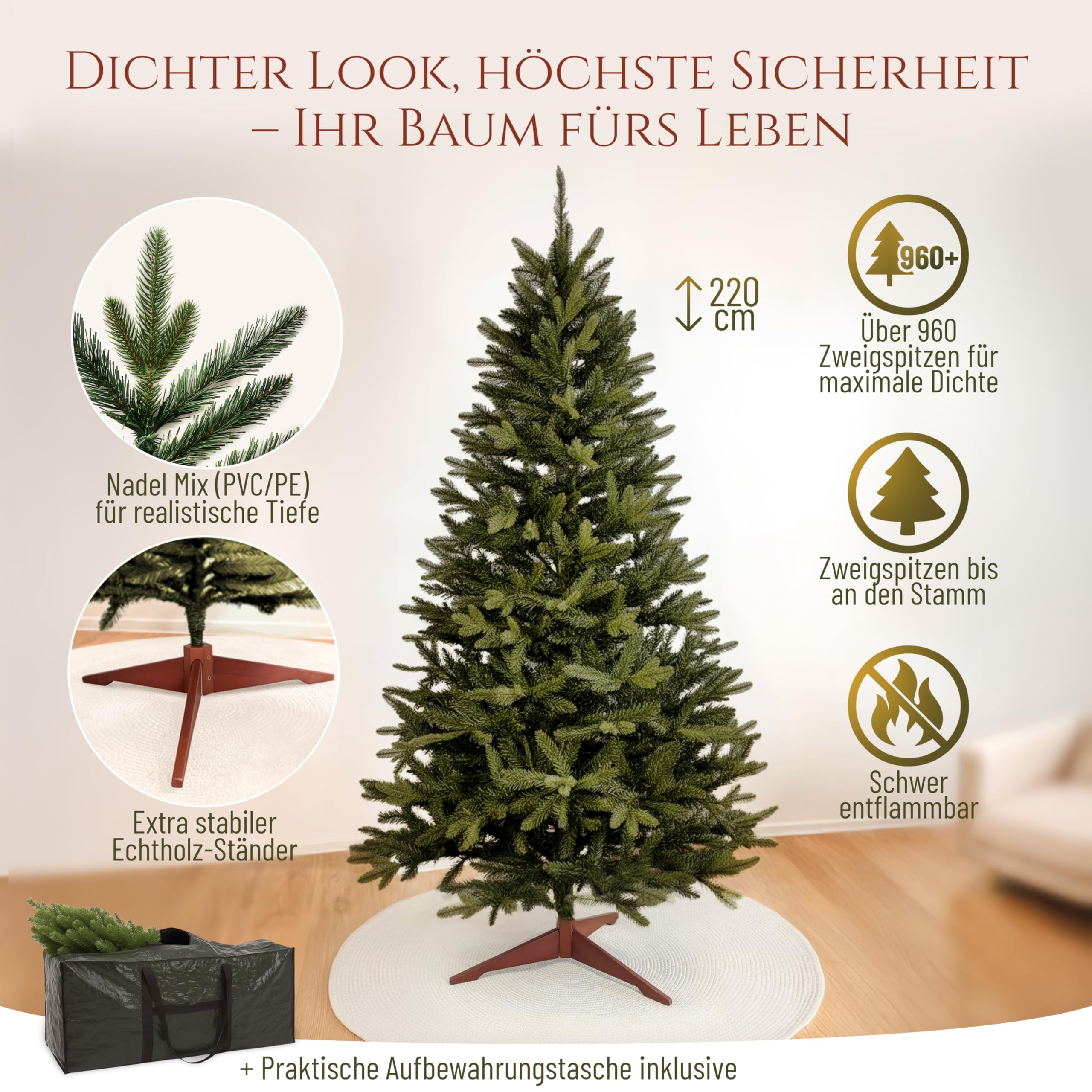 Künstlicher Weihnachtsbaum - Lebensähnlich, besonders dichte Äste, einfache Montage, Made in EU - Premium-Weihnachtsbaum mit Holzständer, Aufbewahrungstasche - Eleganter Nordmann Tannenbaum / Varianten Auswahl - Restposten Neu & OVP!