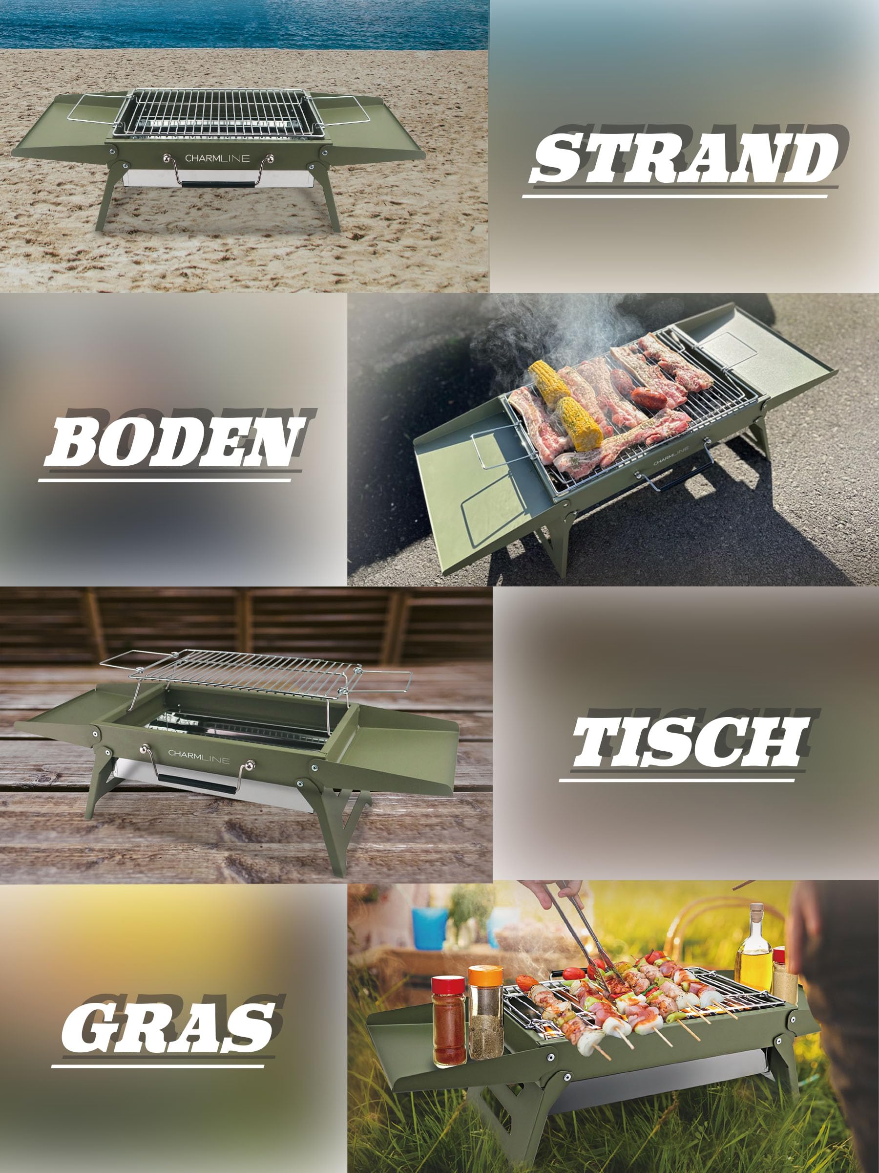 Tragbarer Holzkohlegrill, Klappbarer Campinggrill 35 x 23 cm für 1–3 Personen, Mini BBQ Grill für Balkon, Garten, Camping, Picknick und Strand