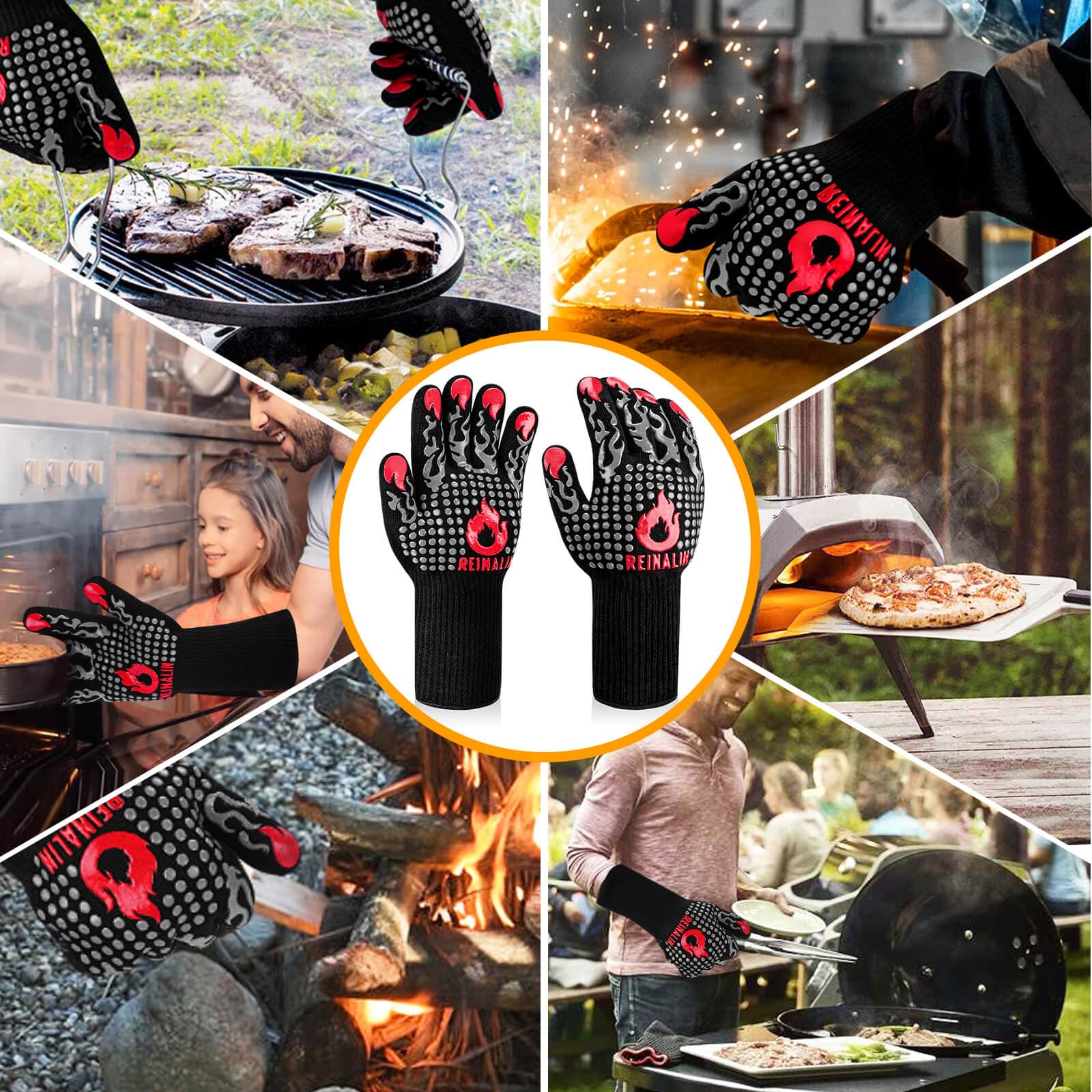 Reinalin Grillhandschuhe Hitzebeständig bis 800°C, Ofenhandschuhe Topfhandschuhe Feuerfeste Handschuhe BBQ Handschuhe Kochhandschuhe Backhandschuhe Backofenhandschuhe (L/XL/XXL, Schwarz)
