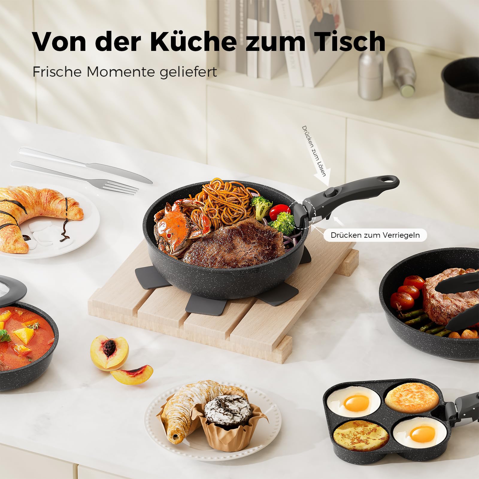 20er Set Kochtopf mit Anti-Haft-Beschichtung, abnehmbare Griffe, geeignet für Induktionskocher, Ofen bis 230 °C, Geschirrspüler sicher / NEU & OVP!
