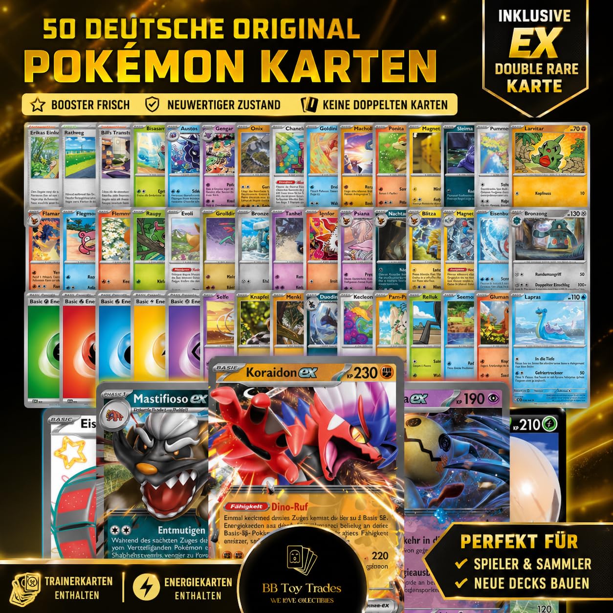 50 x Pokemon Karten + seltene GX EX oder V Karte Starter Pack mit Trainern & Energie - deutsche Sammelkarten Kartenpack