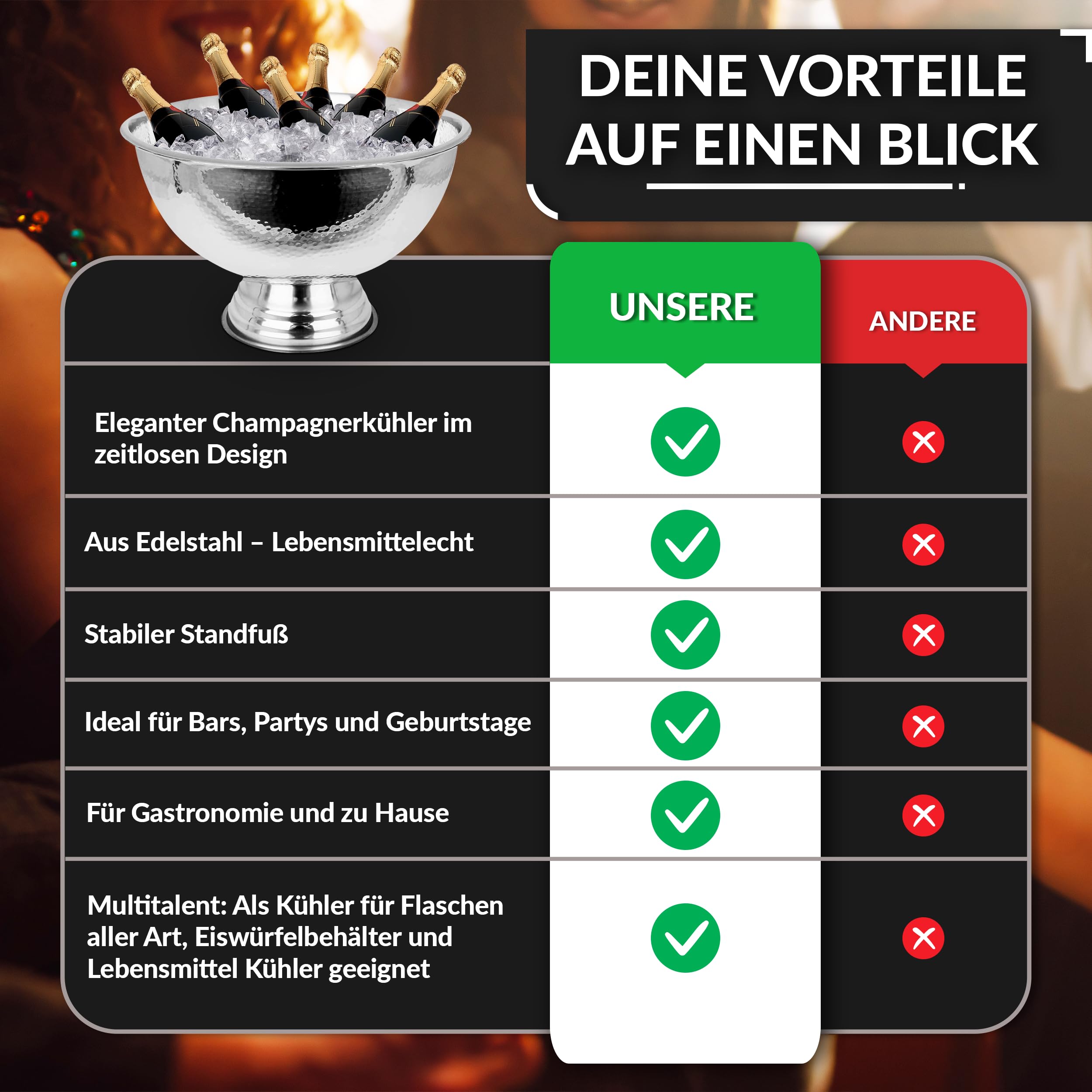 Design Sektkühler aus Edelstahl Ø40 cm Champagnerschale für bis zu 6 Flaschen – Flaschenkühler für den edlen Genuss von Champagner, Sekt, Wein, Spirituosen, Bier (40, Silber poliert)