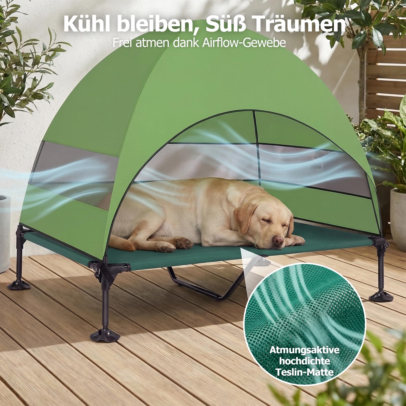 Erhöhtes Hundebett Outdoor mit UV-beständiges Dach,Hundeliege Klappbar mit Anti-Rutsch-Füßen, Hundezelt Outdoor mit Großem Schatten, Kühlendes ErhöHtes Hunde Bett für Camping, Garten & Pool (Grau, L)