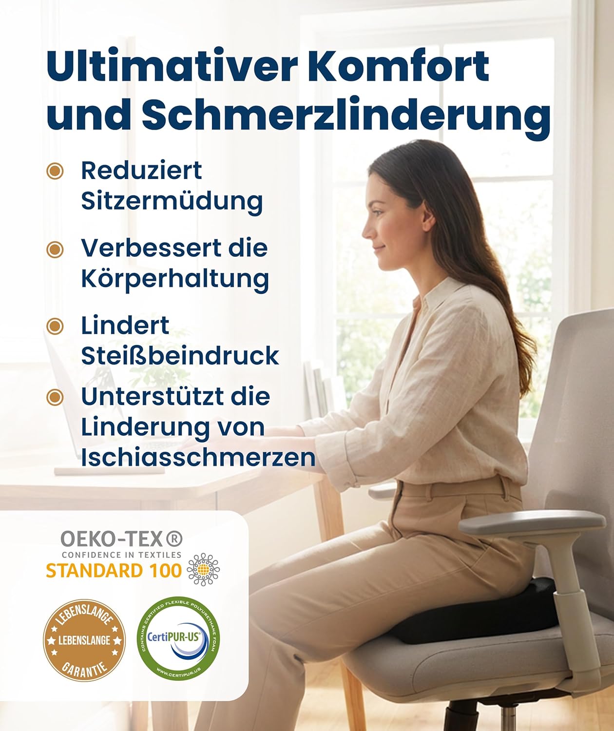 Sitzkissen für Bürostuhl, Auto & Zuhause – Komfortkissen mit waschbarem Bezug, Rutschfester Unterseite und konturierter Form