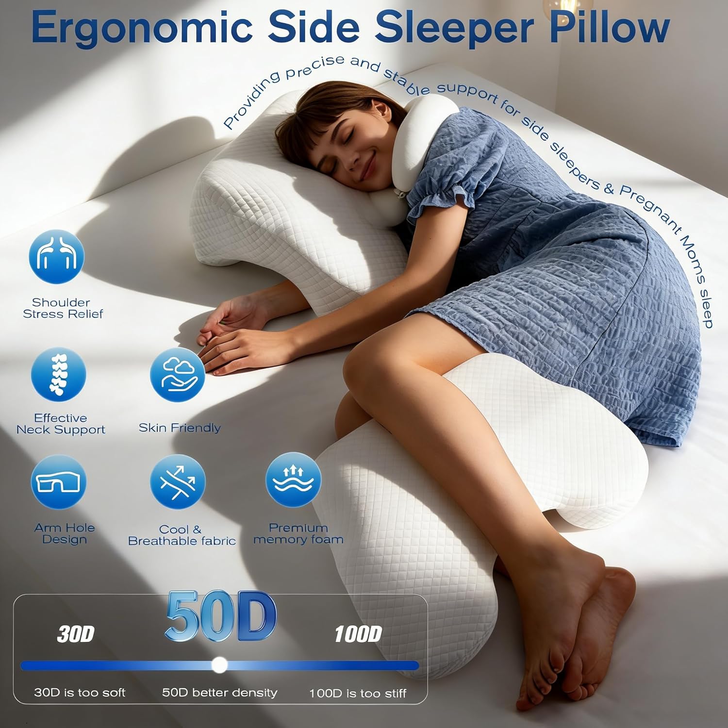 Seitenschläferkissen mit 3 Armloch, 2 in 1 Ergonomisches Seitenschläferkissen, Orthopädisches Nackenstützkissen aus Memory Foam, Kissen für Seitenschläfer, Rücken- und Bauchschläfer