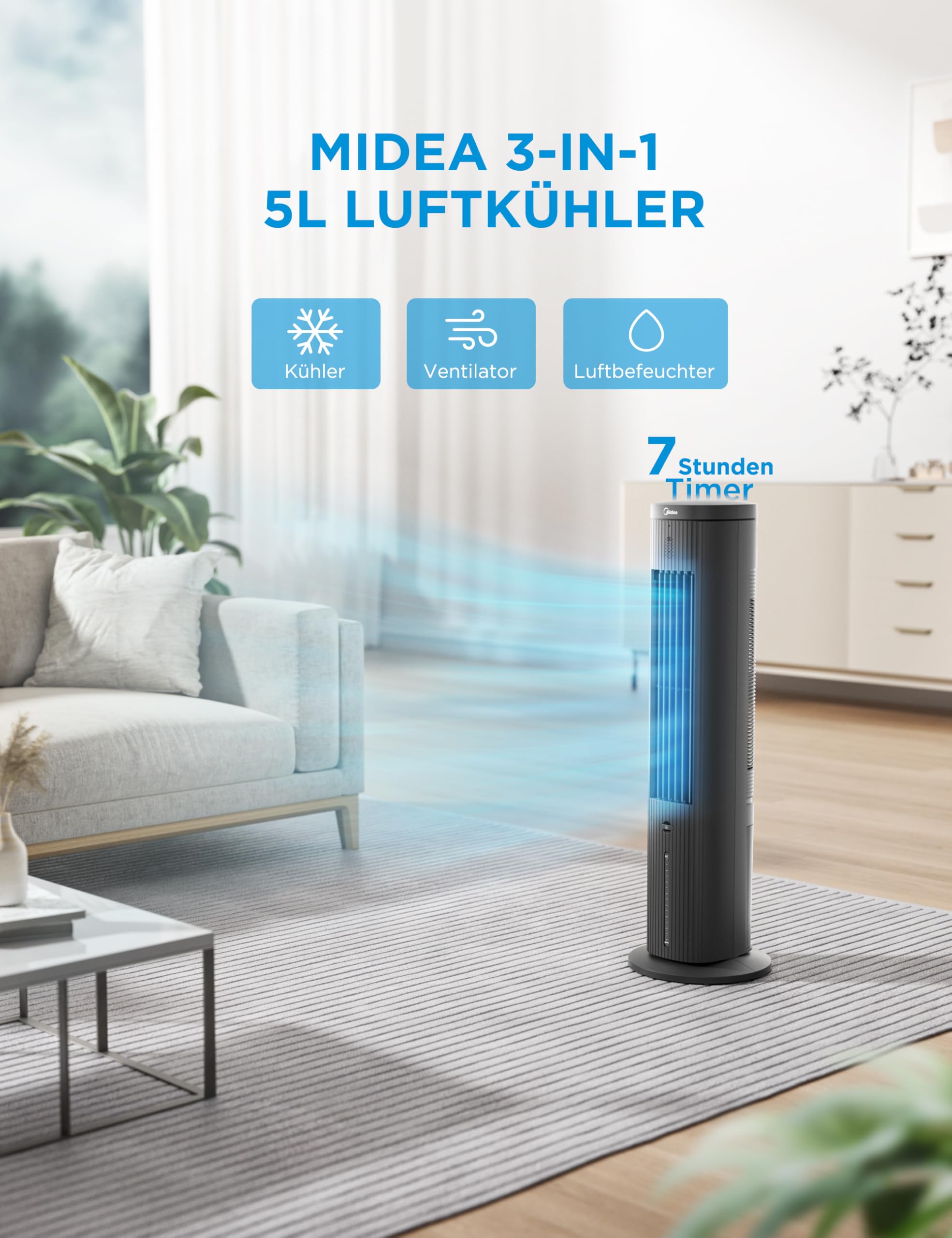 4-in-1 Mobile Klimaanlage Leiser:Luftkühler,Turmgebläse,Luftbefeuchter und Luftreiniger,mit Fernbedienung,5L Wassertank,355m³/h Luftdurchsatz,55W,LED-Display,Timer,Weiß