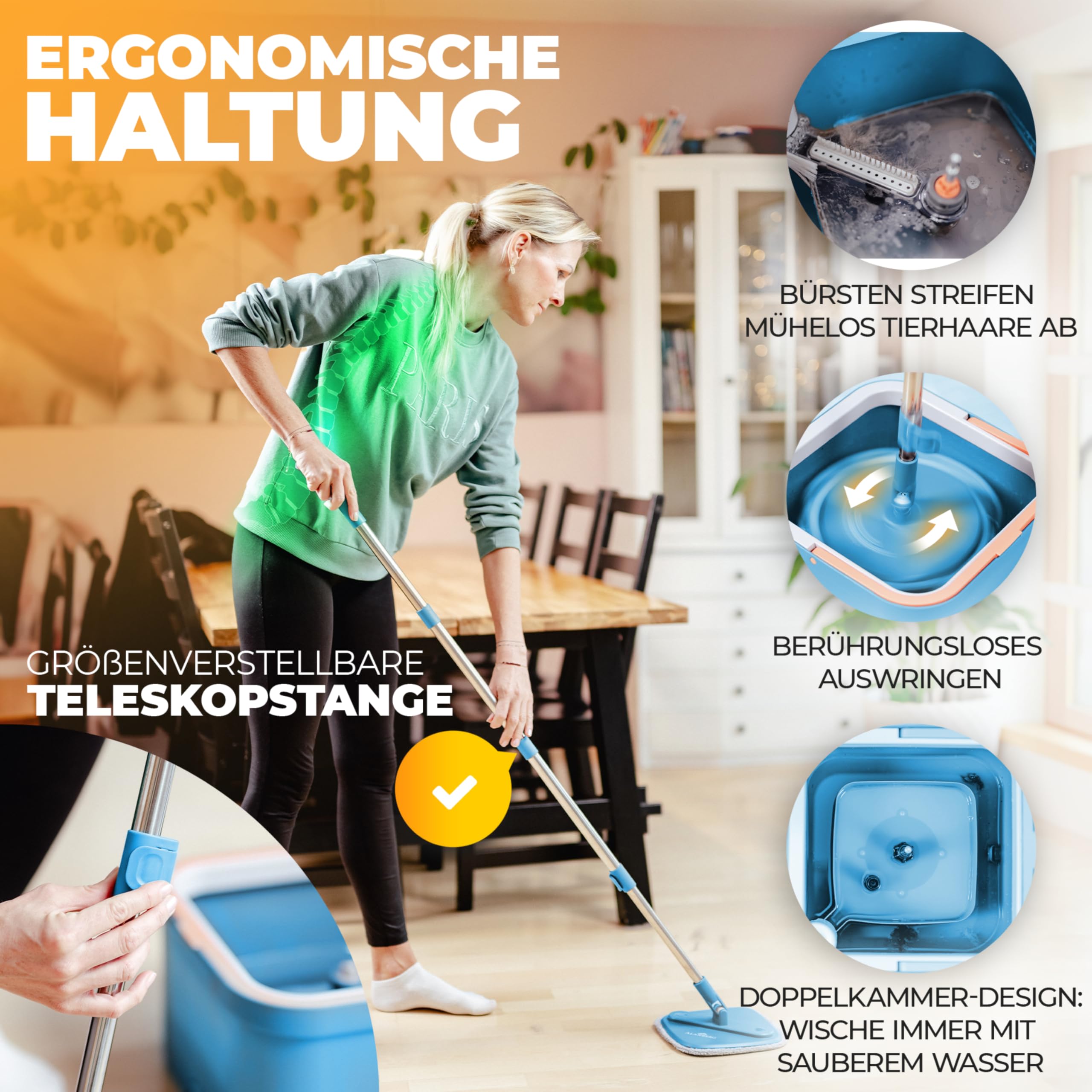 Wischmopp Set mit Eimer, 2-Kammer-System Frisch-/Schmutzwasser Trennung, selbst-auswringend, 160 cm Stiel & 2 Mikrofaser-Pads, für alle Böden, Grau