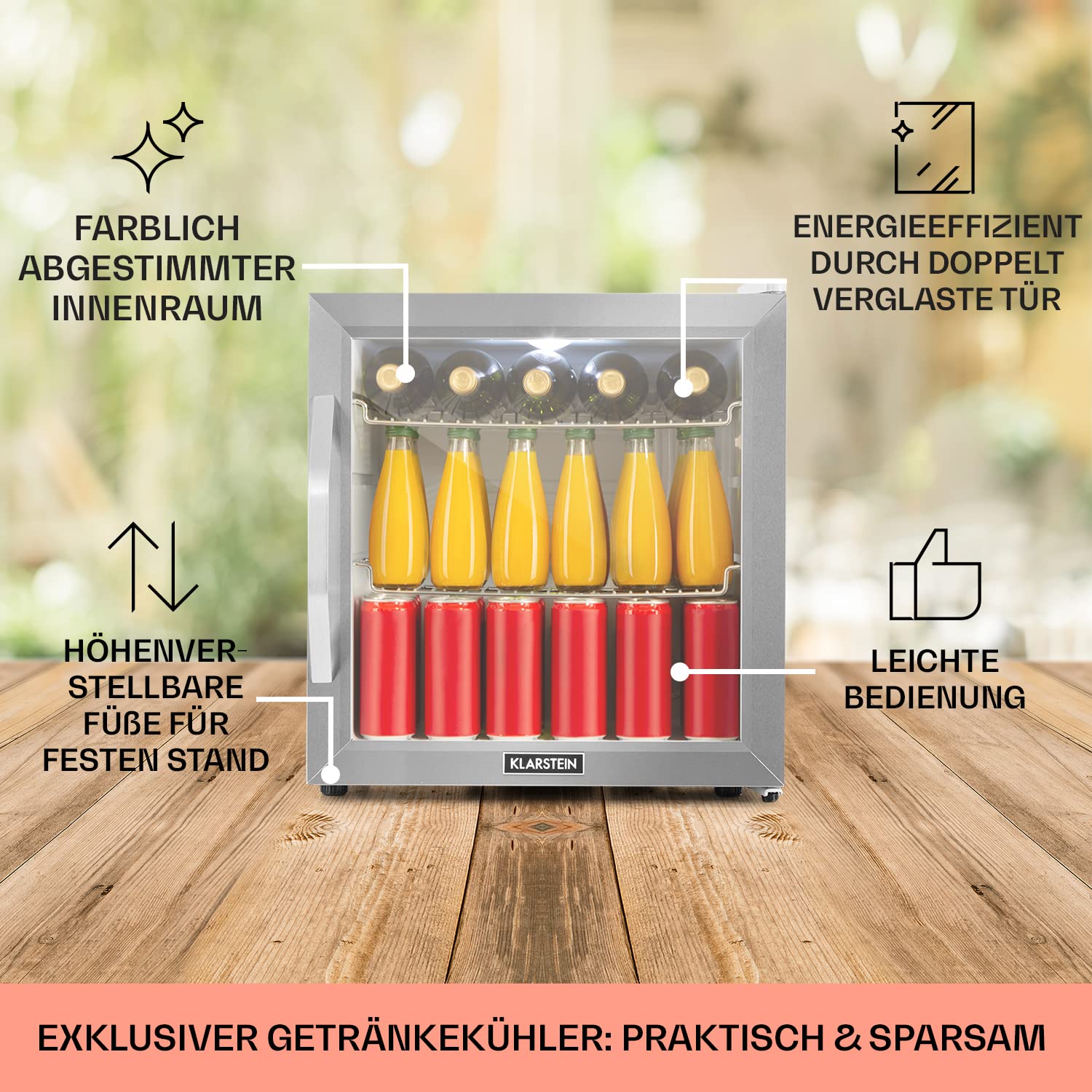 Getränkekühlschrank 33 L – Mini Kühlschrank mit Glastür, Silber-Schwarz | LED-Beleuchtung, herausnehmbare Metallablagen, leise, Flaschenkühlschrank für Getränke & Dosen