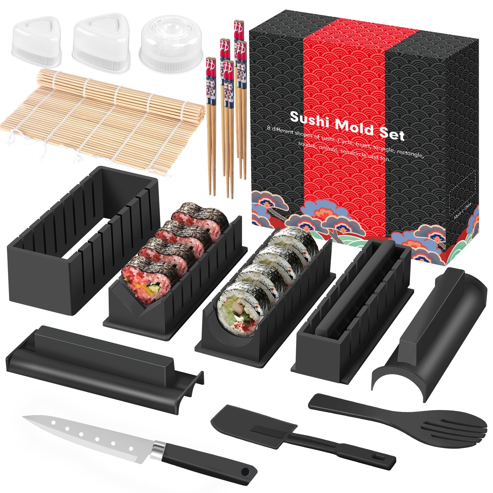 Sushi Set, 20-teiliges Kit für Anfänger, um sich selbst Sushi zu machen, Sushi-Platte mit Reisrollenformen, Gabel, Messer, Rollmatte, Sticks