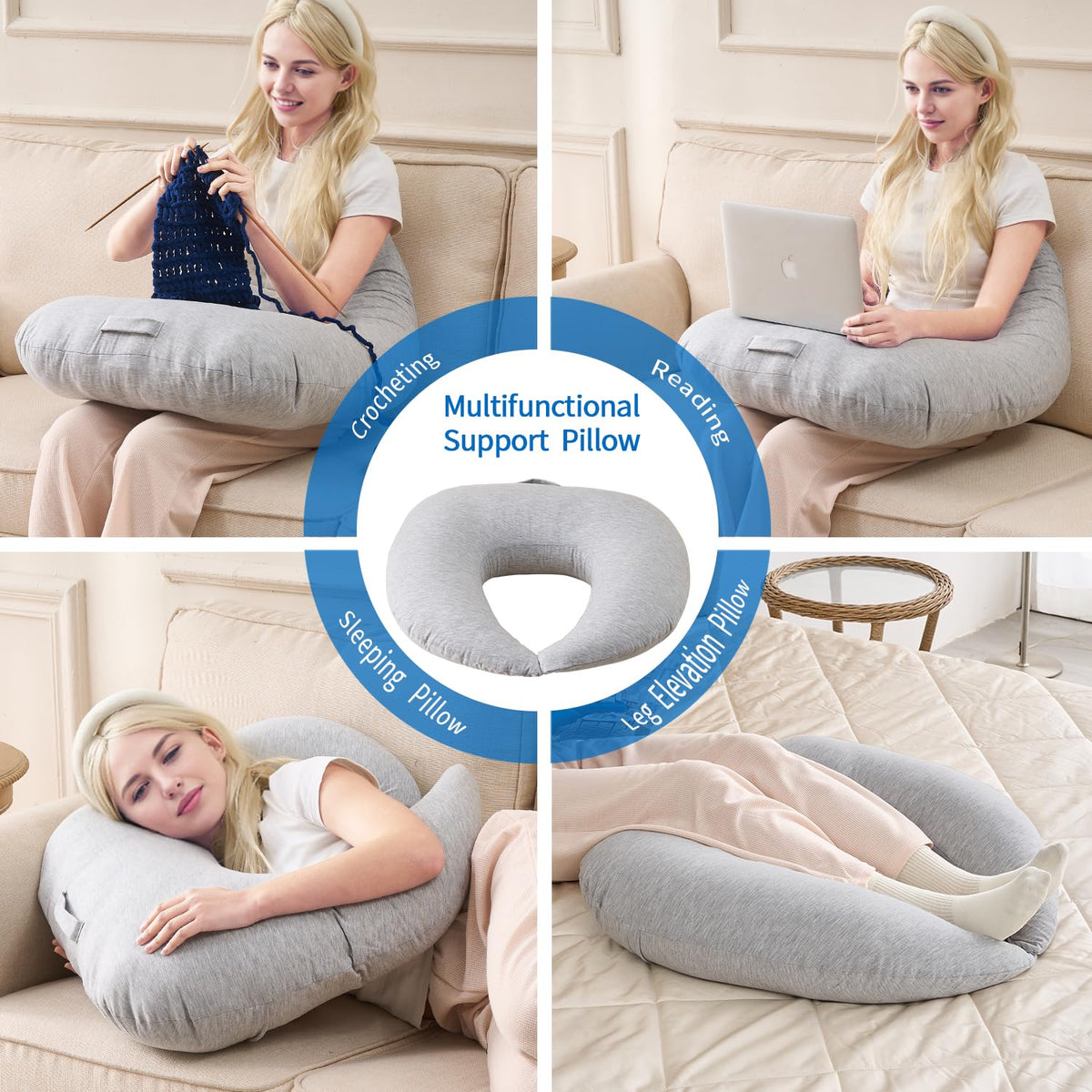 Lesekissen, ergonomische Armstütze zum Spielen, Häkeln, Laptop-Stützkissen zum Sitzen im Bett & Sofa, Haltungskorrektur-Kissen für den Schoß, Samtbezug waschbar (Soft Grau)
