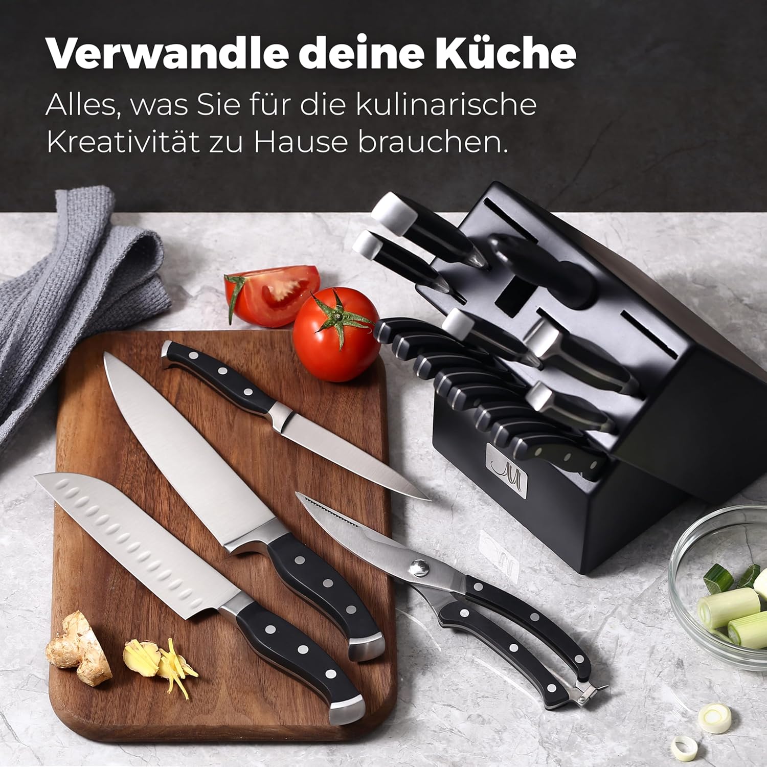 19-teiliges Premium-Küchenmesserset mit Holzblock, Master Maison Besteck aus deutschem Edelstahl mit Messerschärfer und 8 Steakmessern