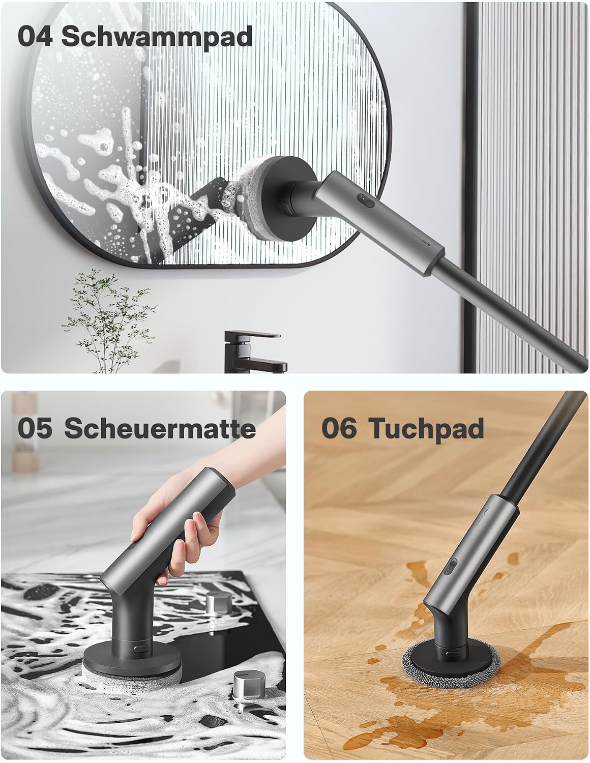 Elektrische Reinigungsbürste, IPX7, Typ-C-Ladung Putzbürste Elektrisch | Mit Verlängerungsstiel & 6 Wechselbürstenköpfe, Reinigungsbürsten Elektrisch für Bad, Böden, Fliesen, Glas, Küche, Auto