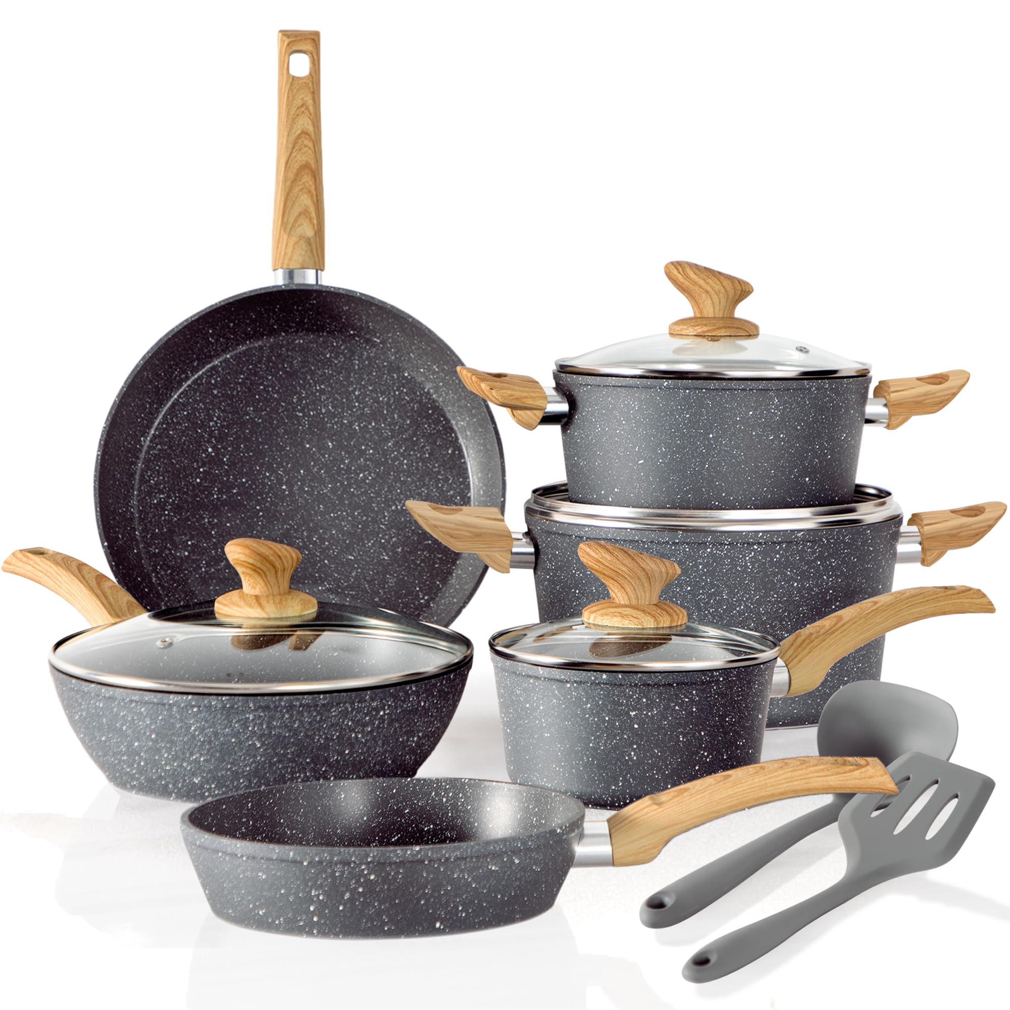 12-teiliges graues Granit-Kochtopfset, Non-Stick Pot Set und Pfannenset / NEU & OVP!