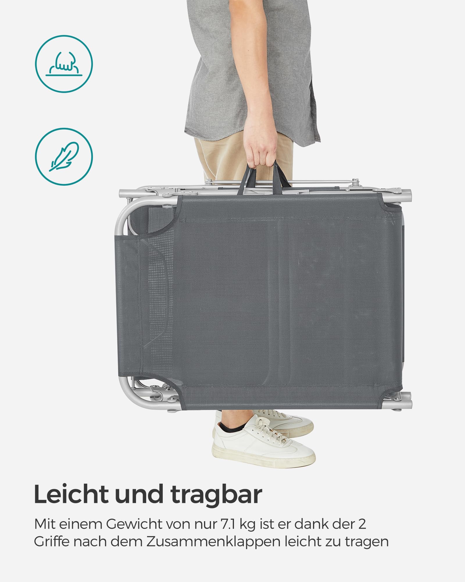 Sonnenliege, klappbarer Liegestuhl, 193 x 53 x 29 cm, trägt bis zu 150 kg, Sonnenschutz, Kopfkissen, verstellbare Rückenlehne, für Garten, Pool, Terrasse