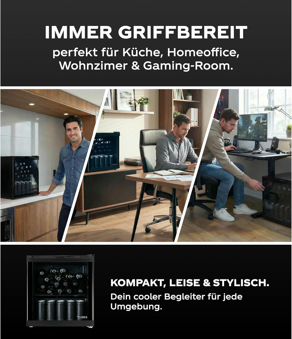 Mini Kühlschrank 48 L Schwarz – Eleganter Getränkekühlschrank mit Glastür & 1 variabler Ablage | Leise & energieeffizient (39 dB) | Perfekt für Büro, Küche, Gaming & Bar | Stilvolles Design