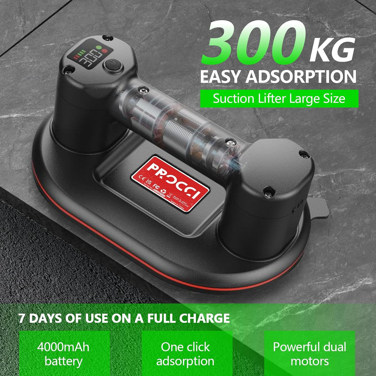 Akku Saugheber für Fliesen, Glas, Marmor, 24 cm Durchmesser, 2 Motoren, 300 kg Saugkraft, LCD-Anzeige für Saugkraft & Akkulaufzeit, 4000 mAh Akku (Professional Edition)