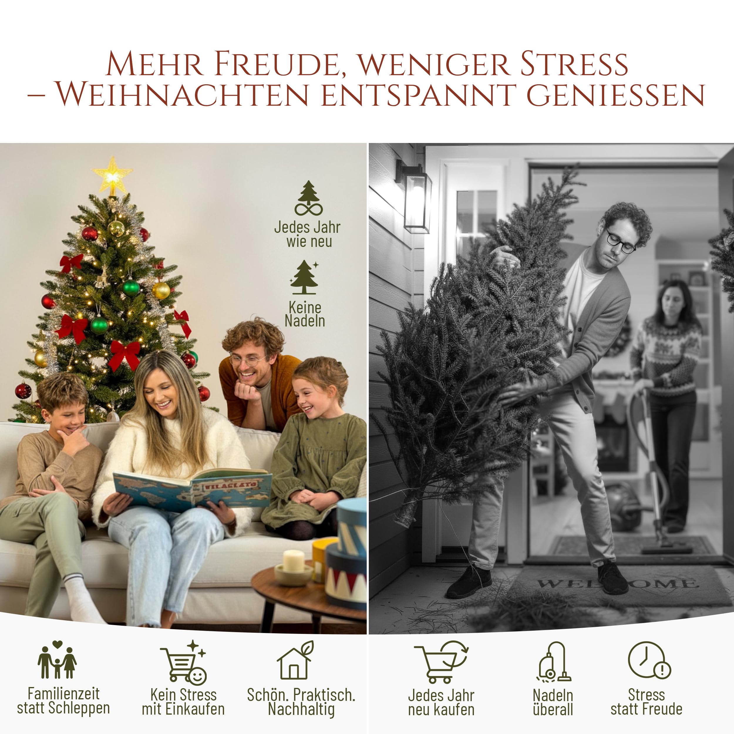 Künstlicher Weihnachtsbaum - Lebensähnlich, besonders dichte Äste, einfache Montage, Made in EU - Premium-Weihnachtsbaum mit Holzständer, Aufbewahrungstasche - Eleganter Nordmann Tannenbaum / Varianten Auswahl - Restposten Neu & OVP!