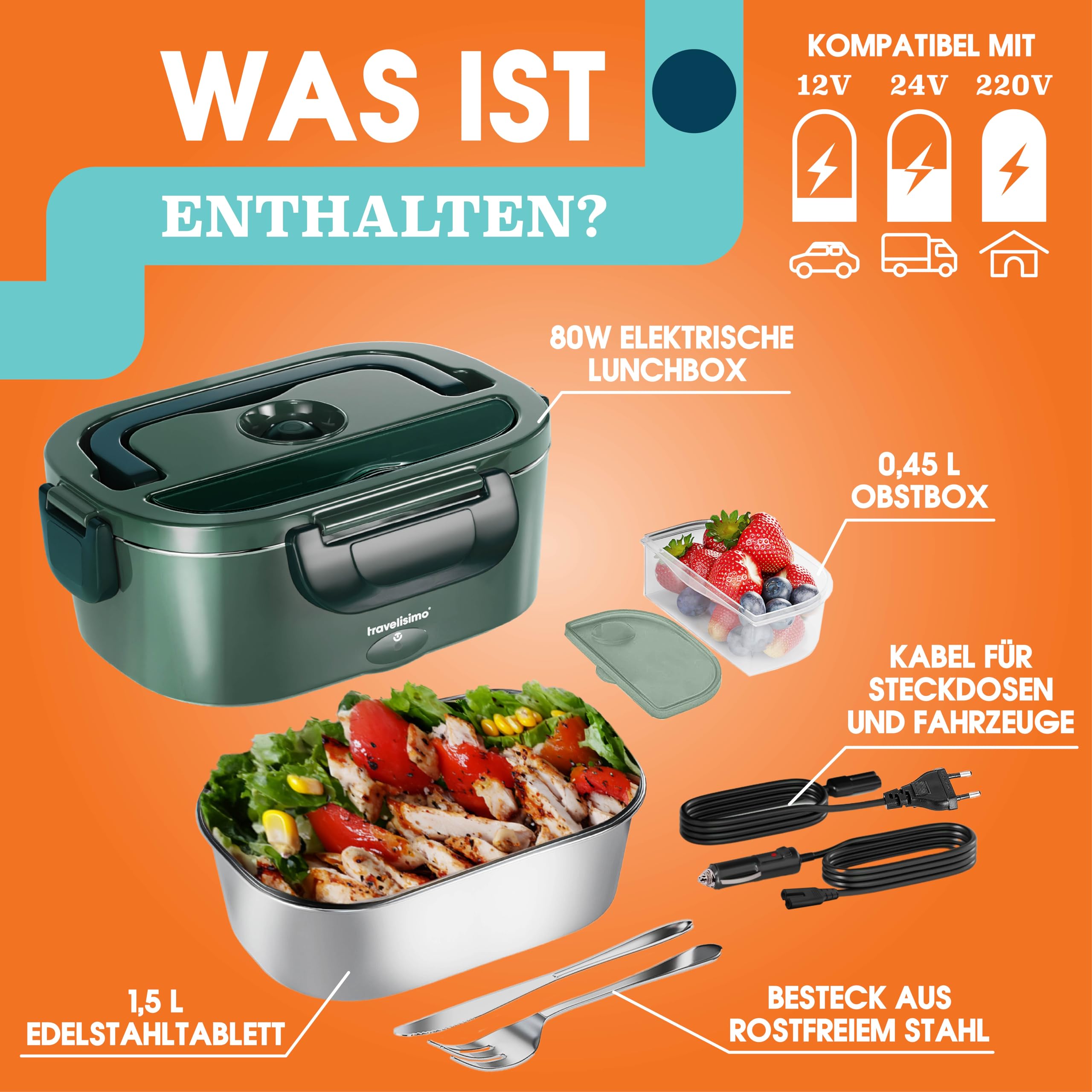 Elektrische Lunchbox 80W Selbsterhitzende Dosen, 1,5L Heat Box 3-in-1 Electric Lunch Box, Essen Aufwärmen Unterwegs 12V/24V/220V, für Arbeit Auto Lkw Lunchbox Elektrisch, Thermal Lunch Box