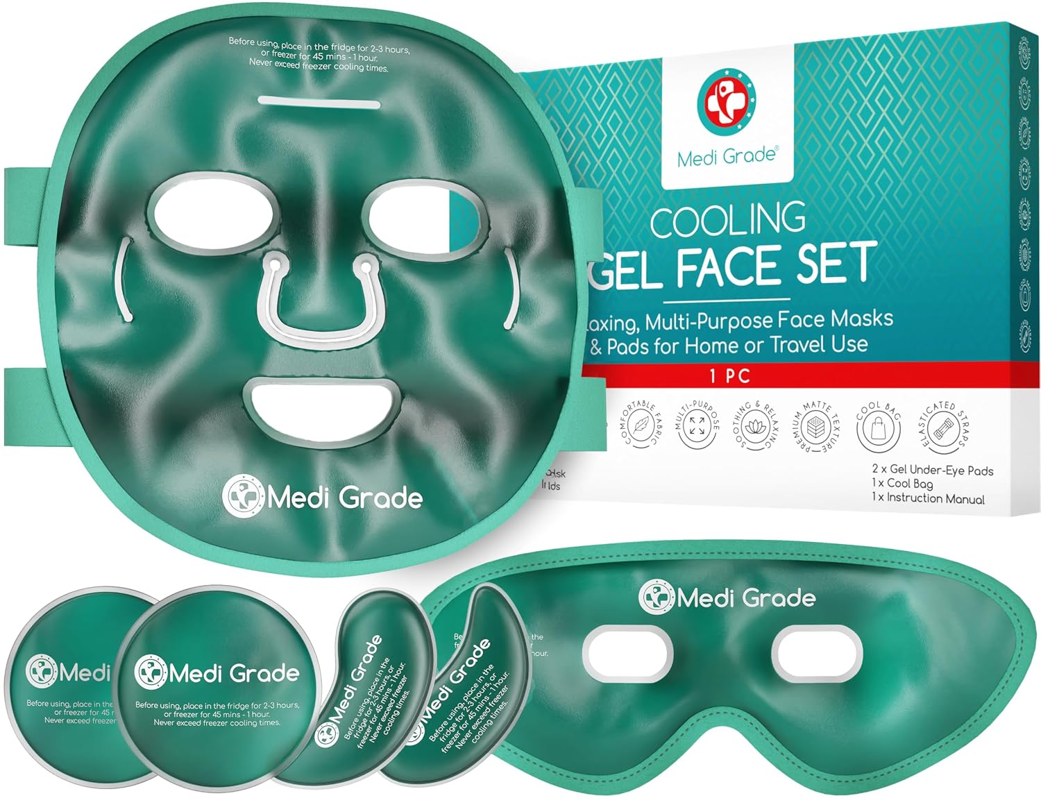 Kühlmaske für Gesicht Augen im Set, Erfrischende Gel Eismaske | Gesichtskühlmaske Augen Kühlmaske gegen geschwollene Augen, zum Augenringe Entfernen, bei Migräne, mit praktischer Kühltasche