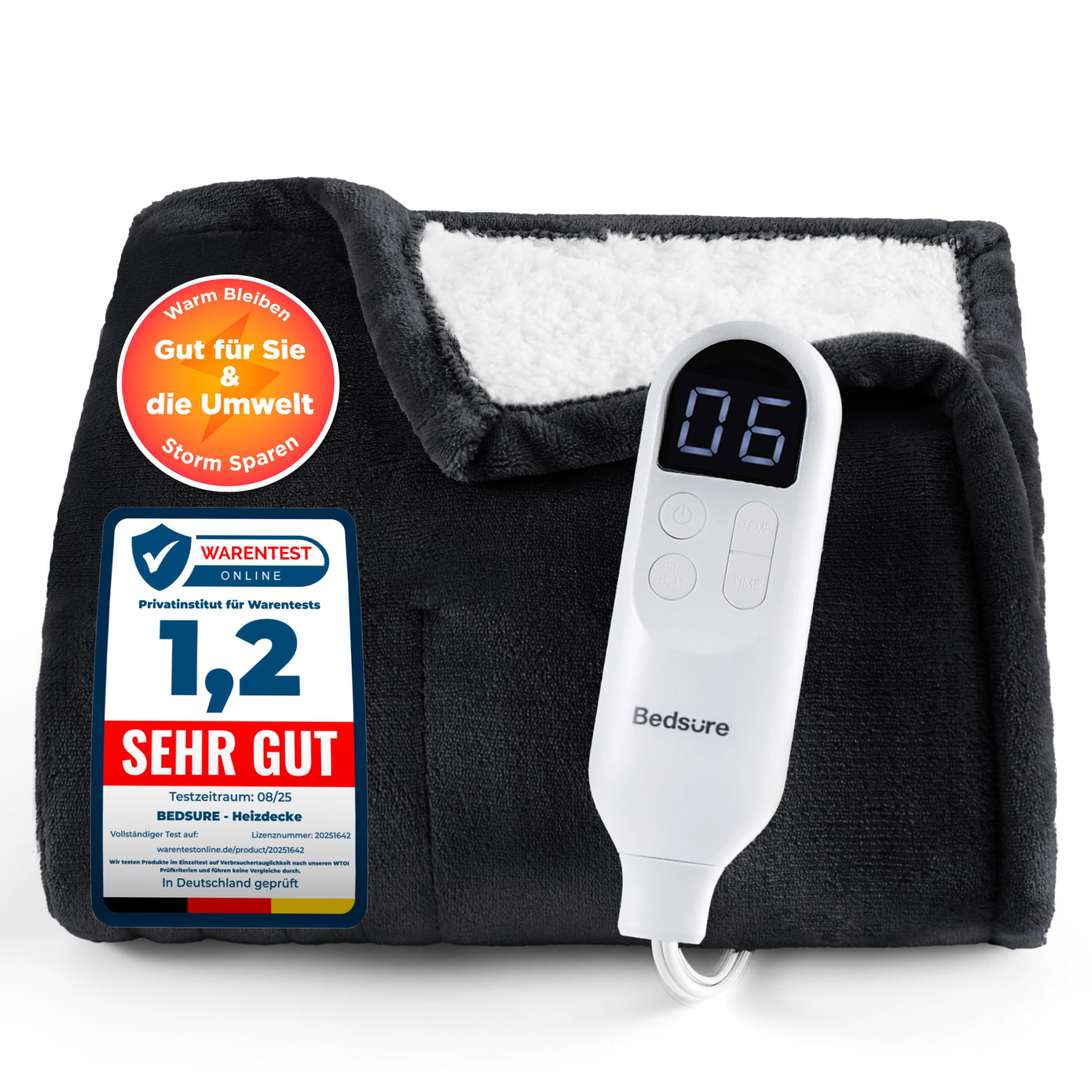 Elektrische Decke mit automatischem Abschalten - Wärmedecke mit 6 Wärmeeinstellungen und 10-Stunden-Timer, bis zu 8 Stunden Überhitzungsschutz, elektrische Kuscheldecke für Zuhause und Büro, 130 x 180 cm