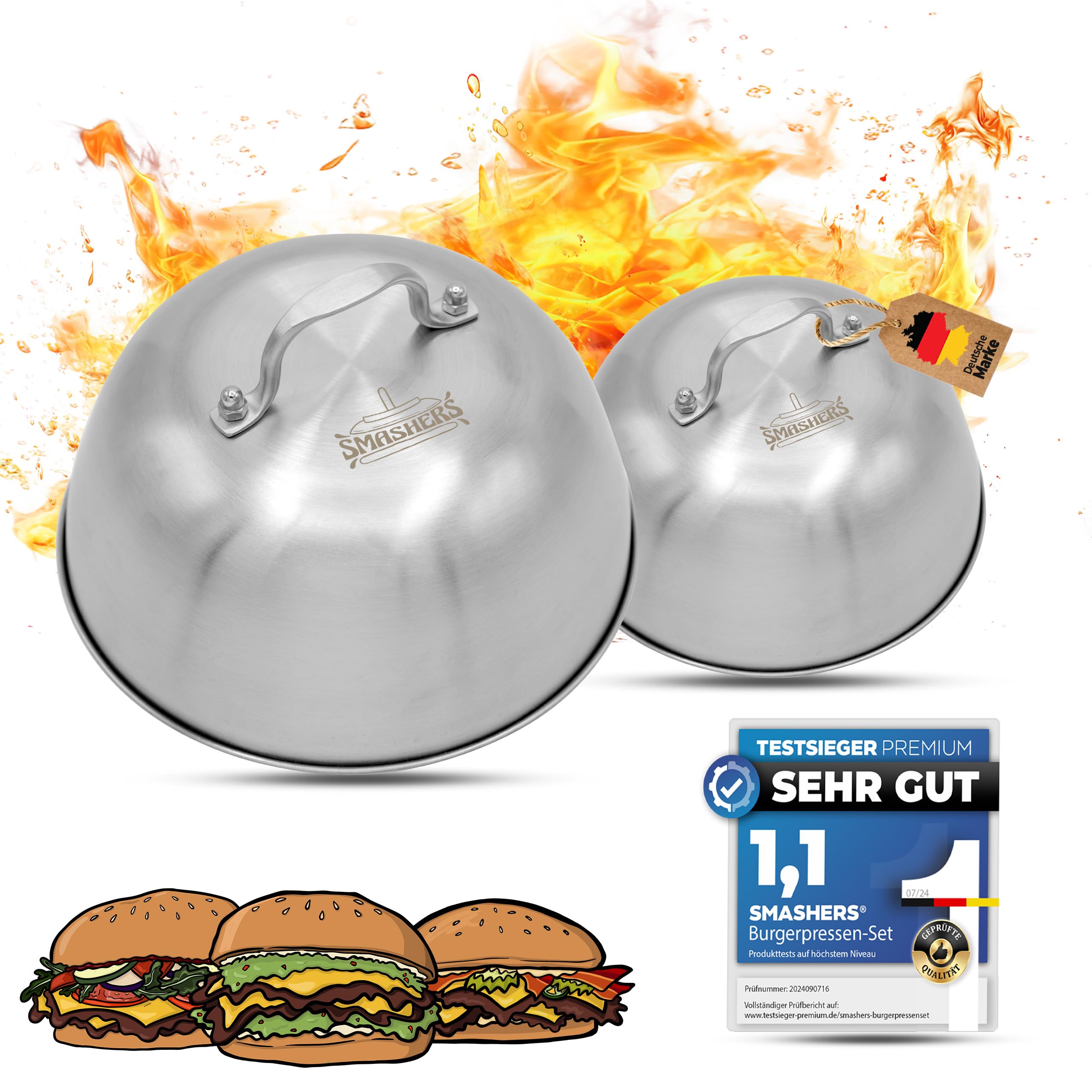 Smash Burger Set – Burger Smasher Set mit Burgerpresse, Grillspachtel, Pfannenwender & Burgerglocke - Inkl. E-Book mit Smash Burger Rezepten & Burgerpapier (6-TLG.)