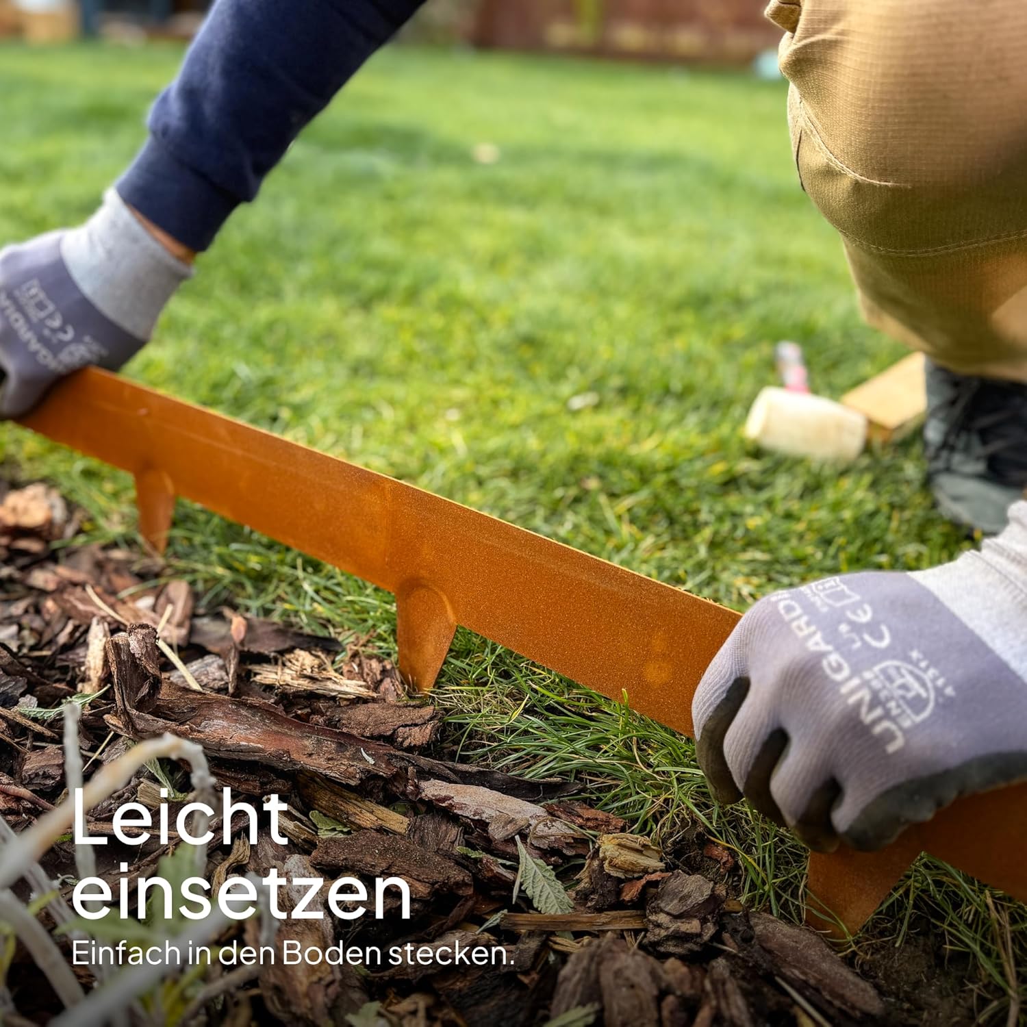 Flexible Rasenkante aus Metall - Garten Metall Beeteinfassung - Beetbegrenzung Einfach einschlagen, 1 Paar Montagehandschuhe inklusive