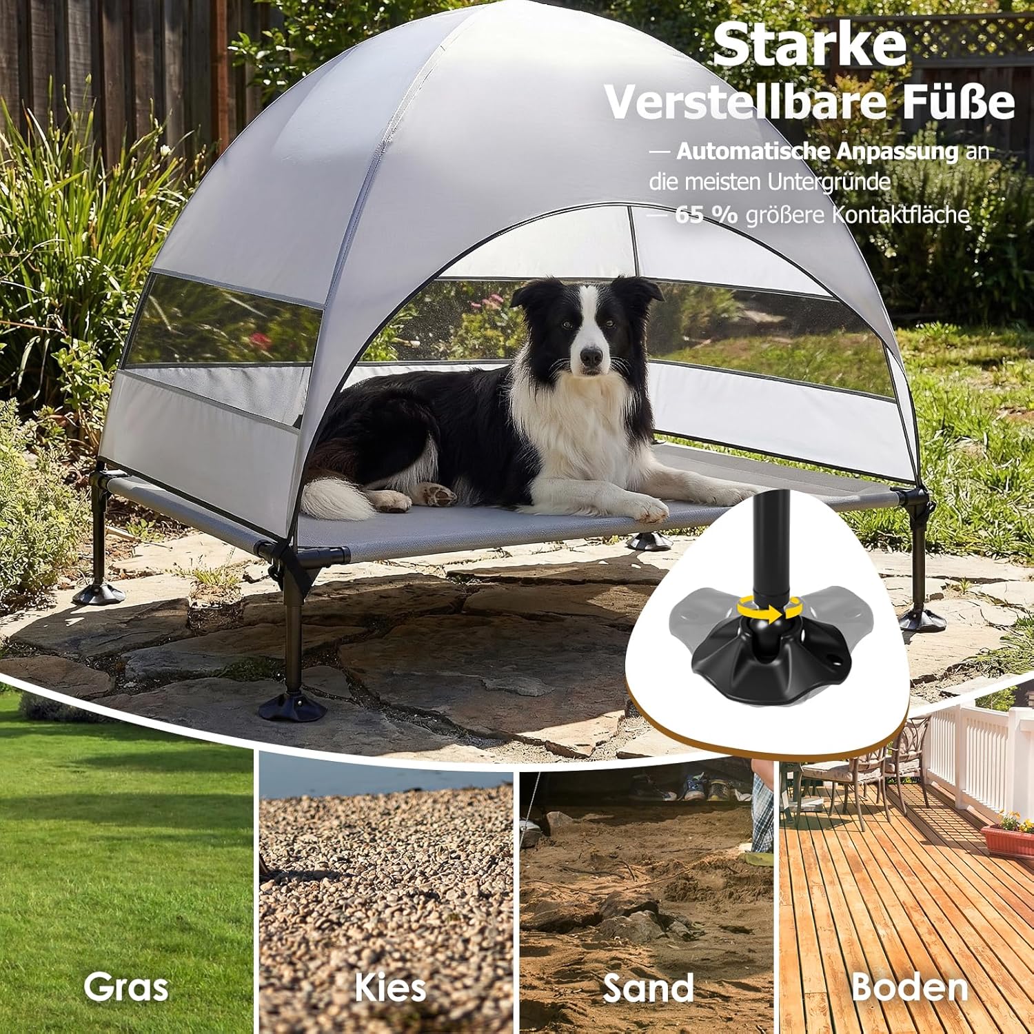 Erhöhtes Hundebett Outdoor mit UV-beständiges Dach,Hundeliege Klappbar mit Anti-Rutsch-Füßen, Hundezelt Outdoor mit Großem Schatten, Kühlendes ErhöHtes Hunde Bett für Camping, Garten & Pool (Grau, L)