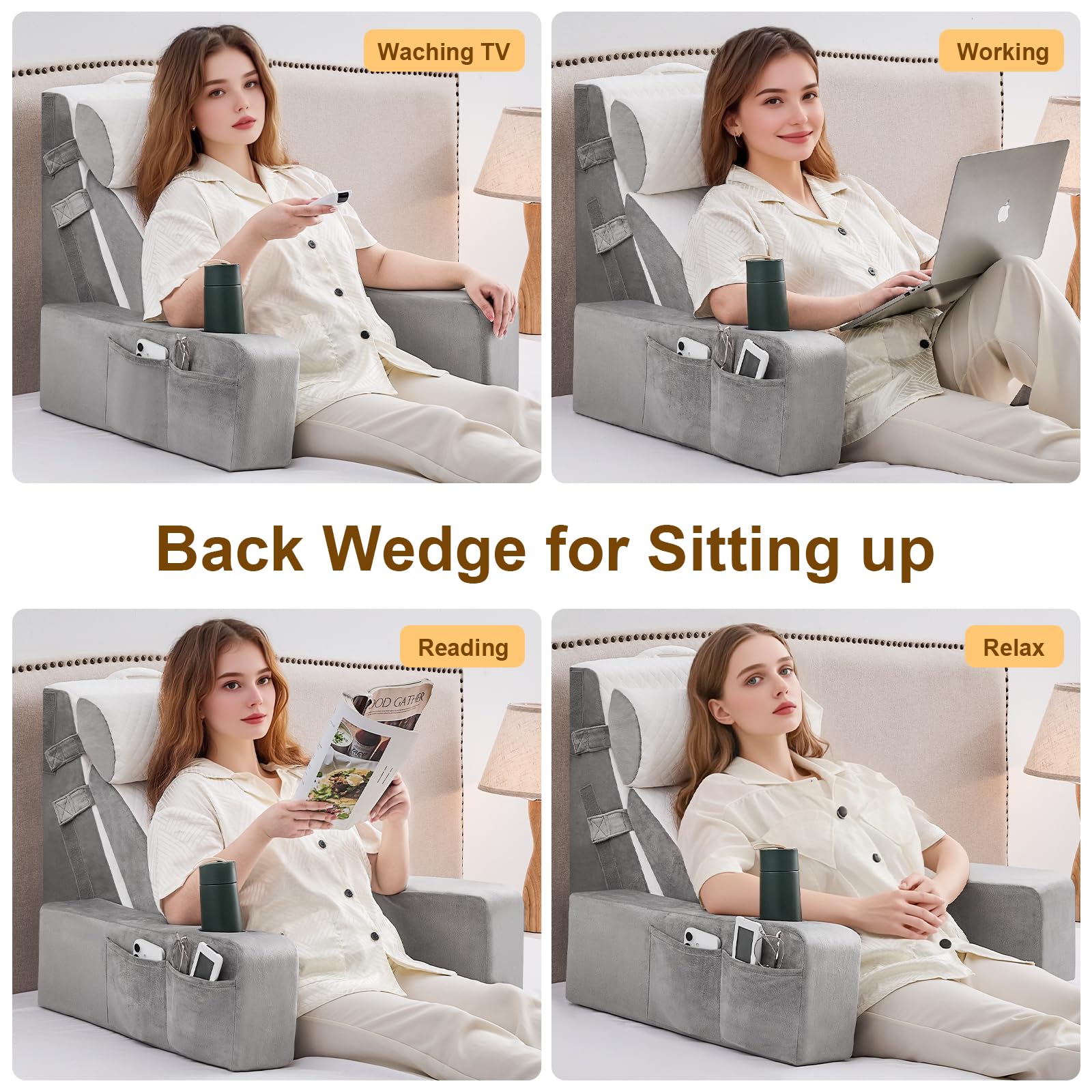 Lesekissen für Bett und Sofa,Bücherkissen mit Abnehmbarer Nackenrolle & Armlehne,Rückenkissen Bett, Wandkissen Multifunktions-Keilkissen zum Lesen, Arbeiten,Bed Wedge Pillow