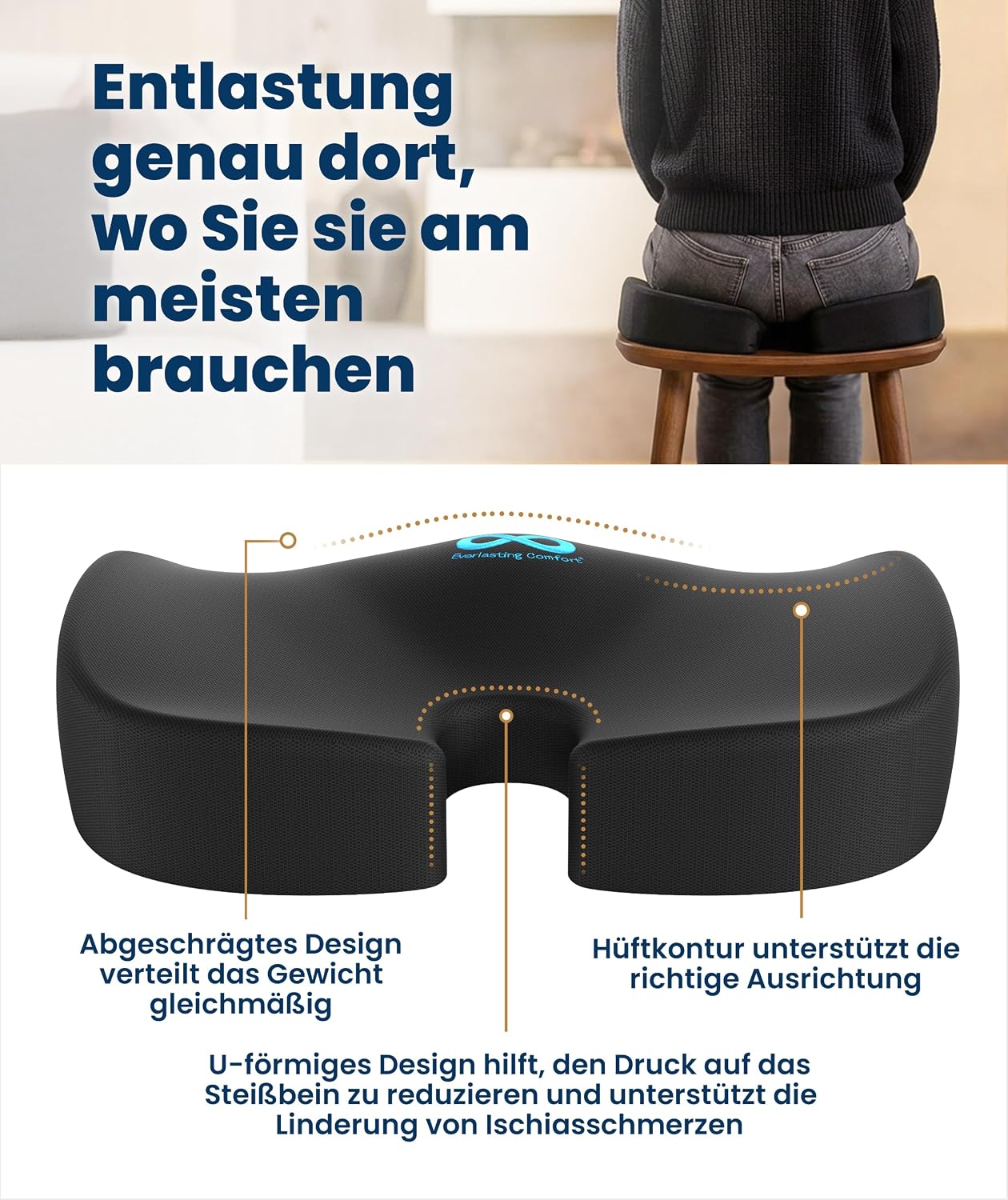 Sitzkissen für Bürostuhl, Auto & Zuhause – Komfortkissen mit waschbarem Bezug, Rutschfester Unterseite und konturierter Form