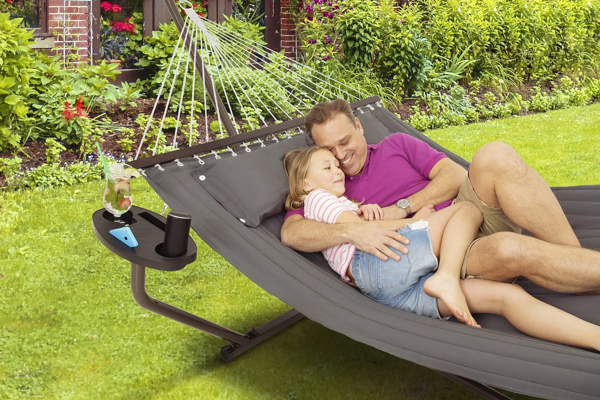 Hängematte mit Gestell und Tisch - Hängematte Outdoor für den Garten, Pool & Balkon - Großzügige Hängematten 2 Personen - Doppelhängematte mit Ständer und Beistelltisch - 200 kg Belastbarkeit