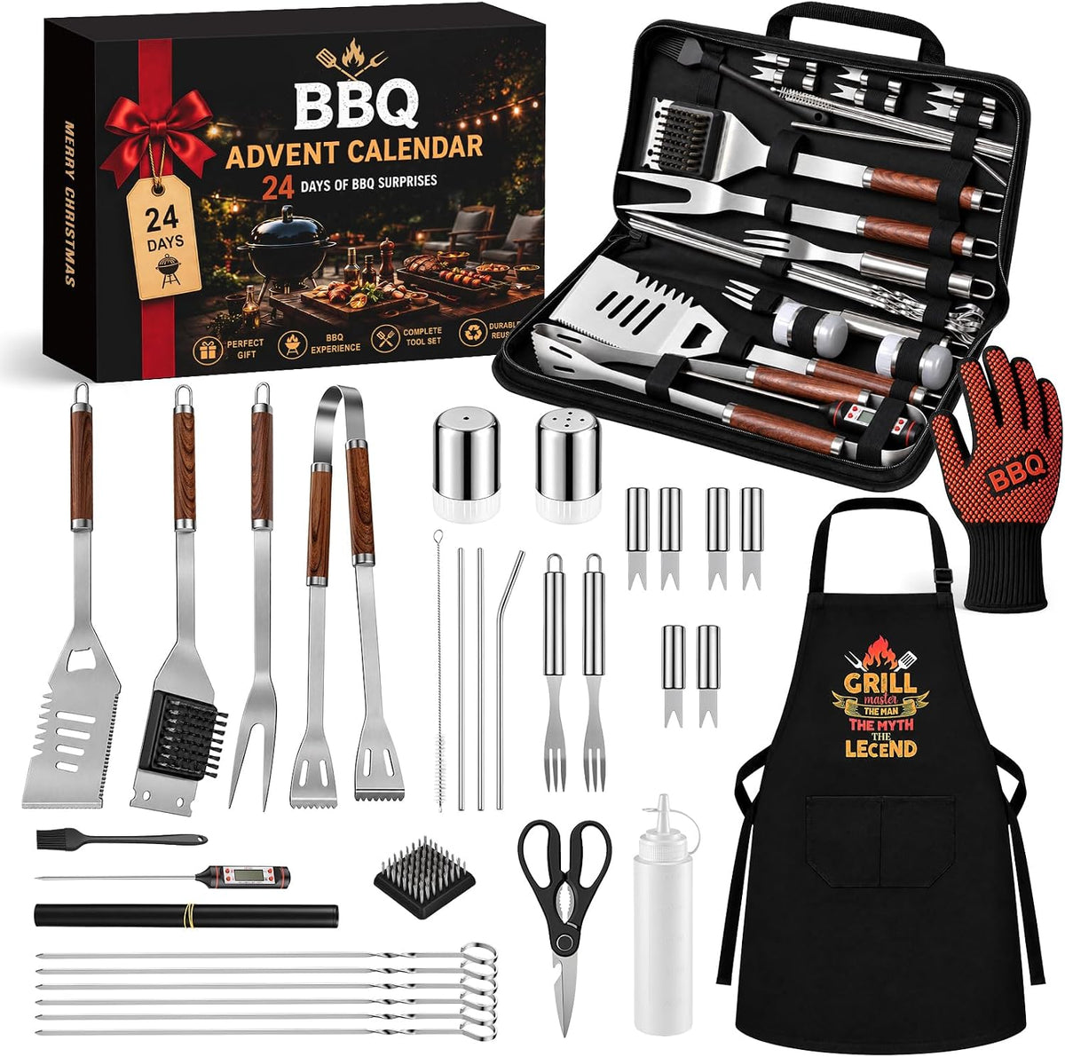 Adventskalender 2026 Männer,24 Tage Grill Adventskalender mit BBQ Grillzubehör Set,Edelstahl Grillbesteck & Grillwerkzeug,Weihnachtskalender für Erwachsene,Weihnachts Geschenk für Papa,Mann & BBQ Fans