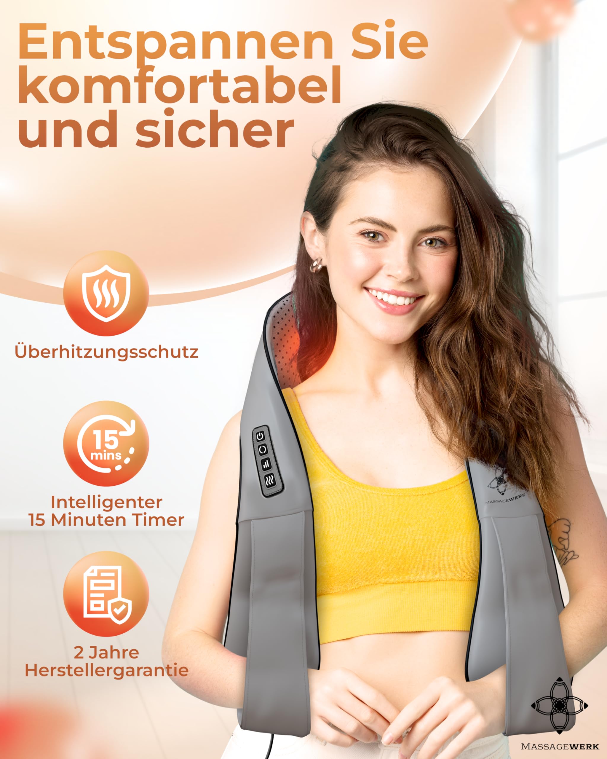 Shiatsu Rücken- und Halsmassagegerät / Elektrischer Nackenmassagegerät mit Wärmefunktion / Ergonomisch, Ideal zur Linderung von Muskelverspannungen und Schmerzen